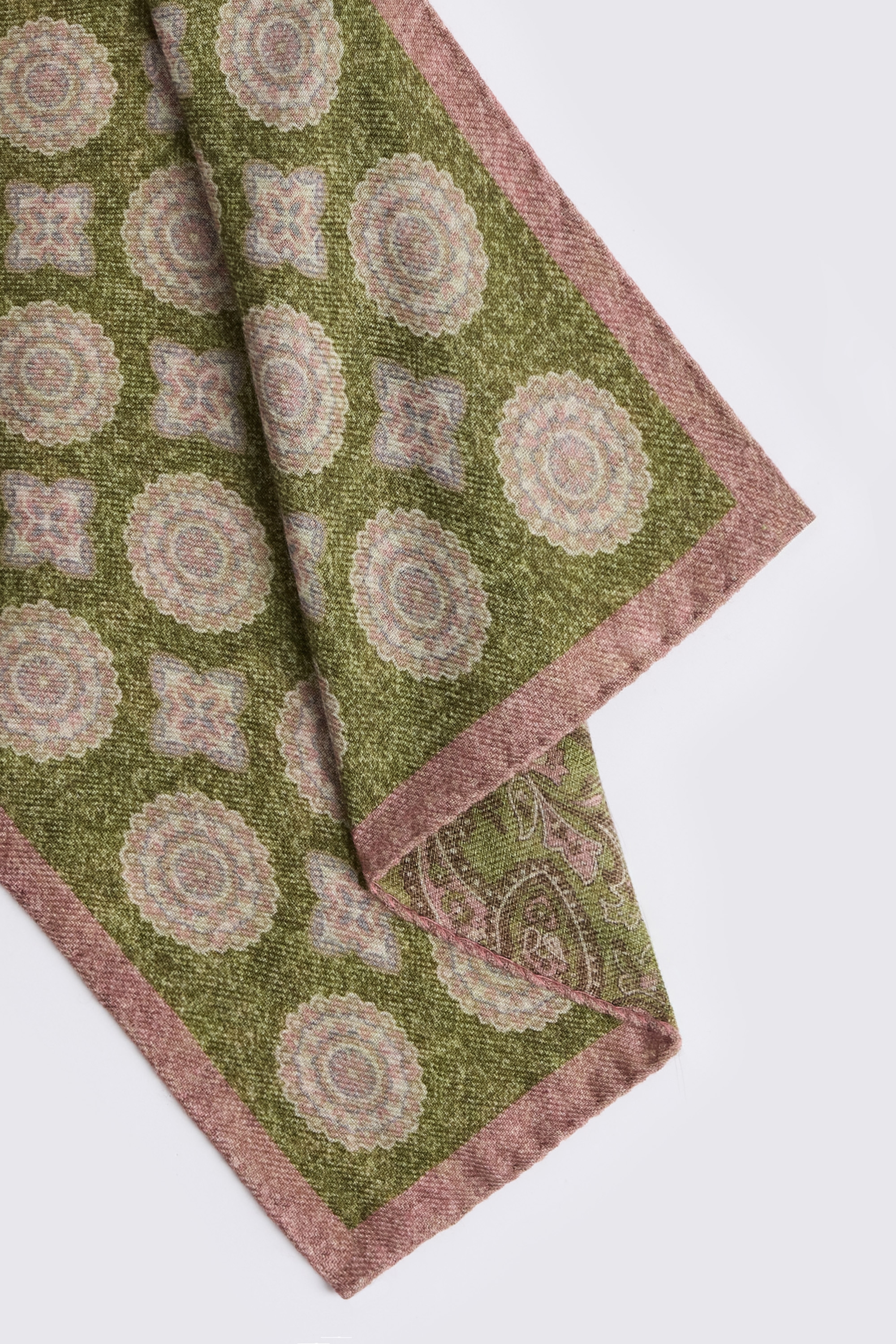 Italian Green & Pink Wool Double Faced Pocket Square