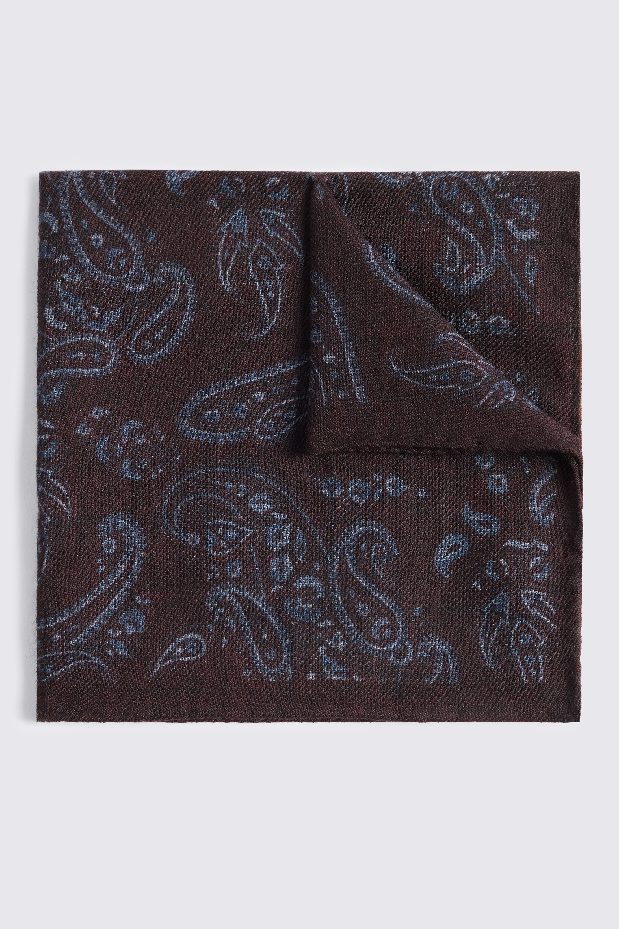 Italian Burgundy & Light Blue Wool Paisley Pocket Square