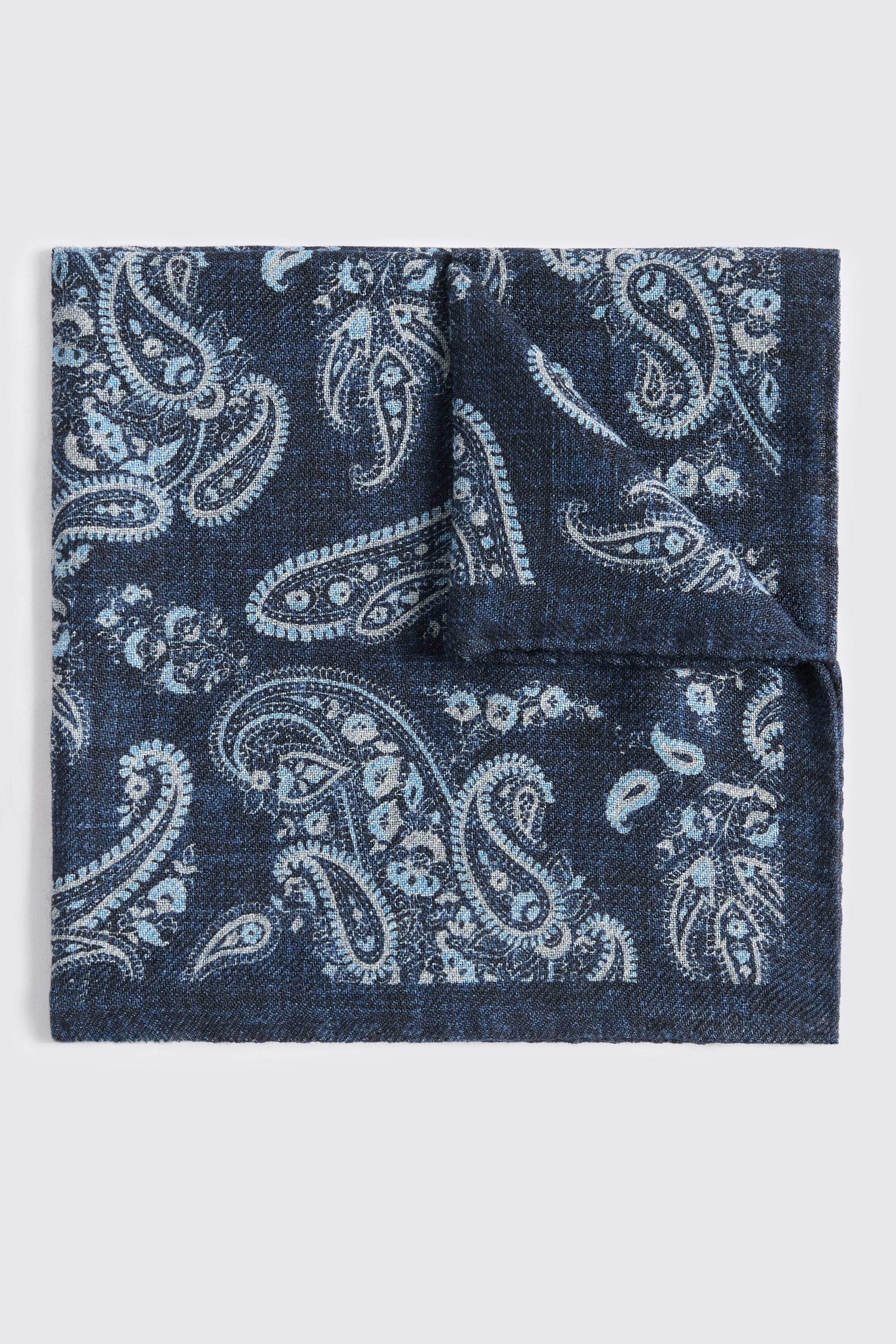 Italian Navy & Light Blue Wool Paisley Double Faced Pocket Square