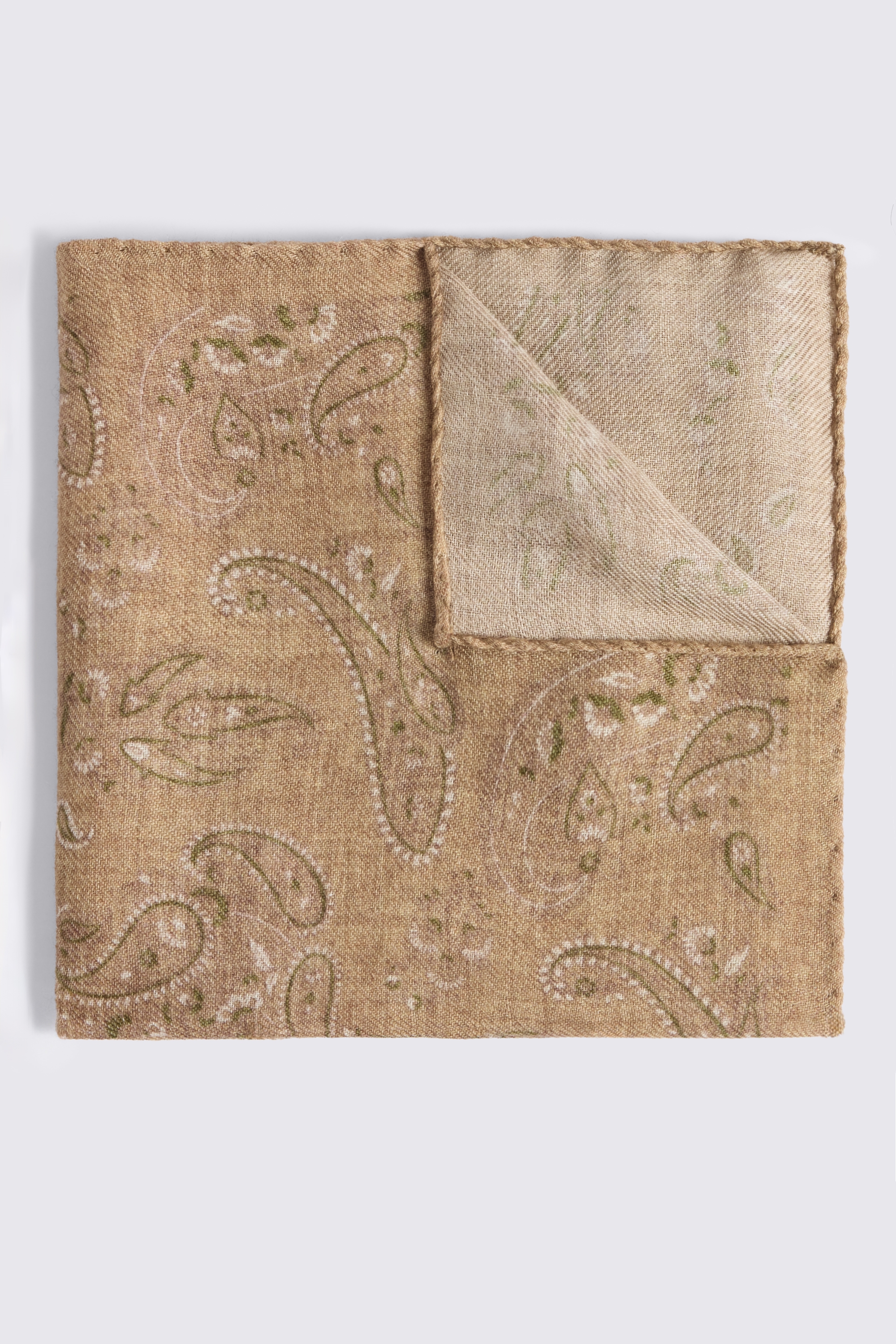 Bottinelli Oatmeal & Green Wool Paisley Pocket Square