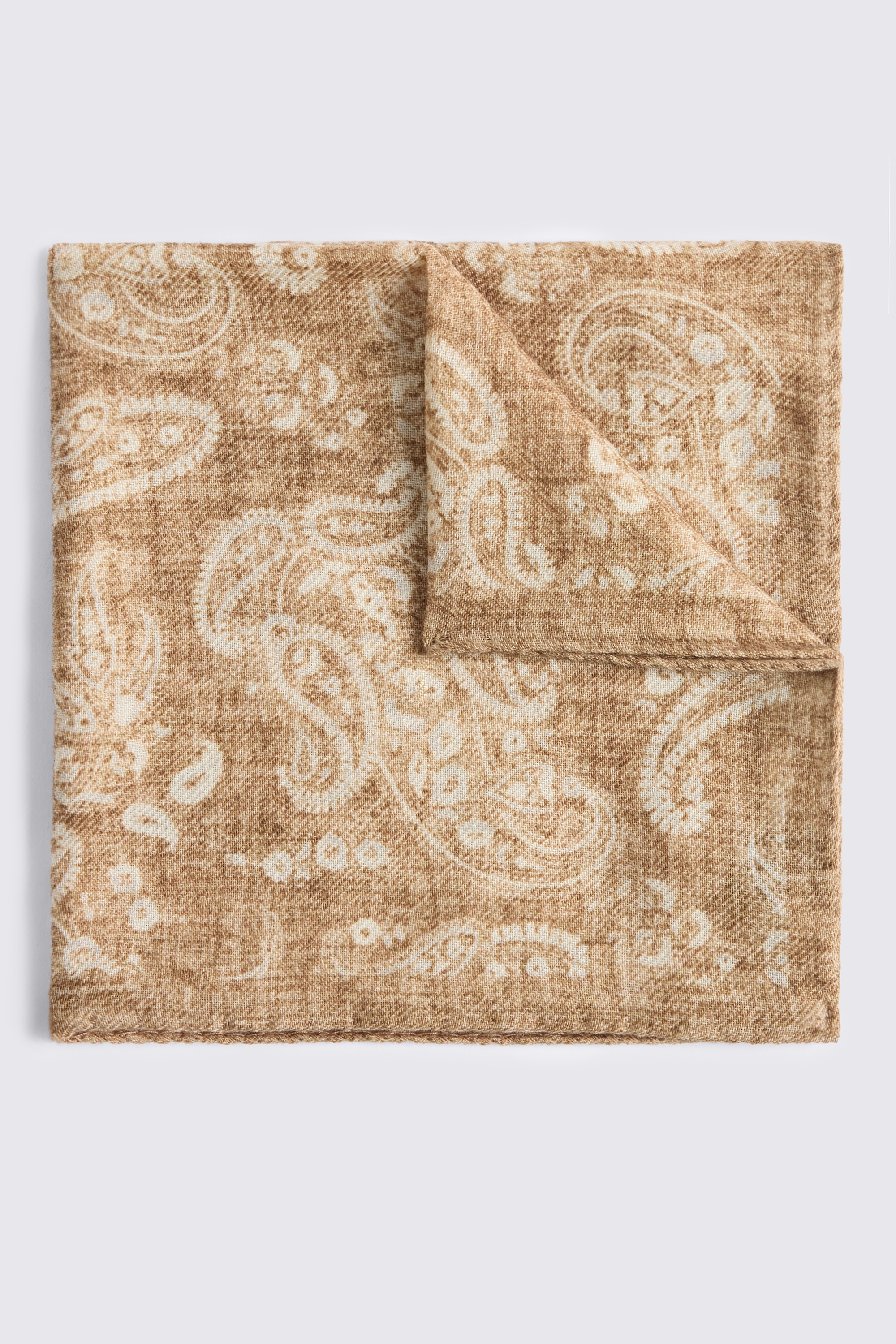 Italian Camel & White Wool Paisley Pocket Square