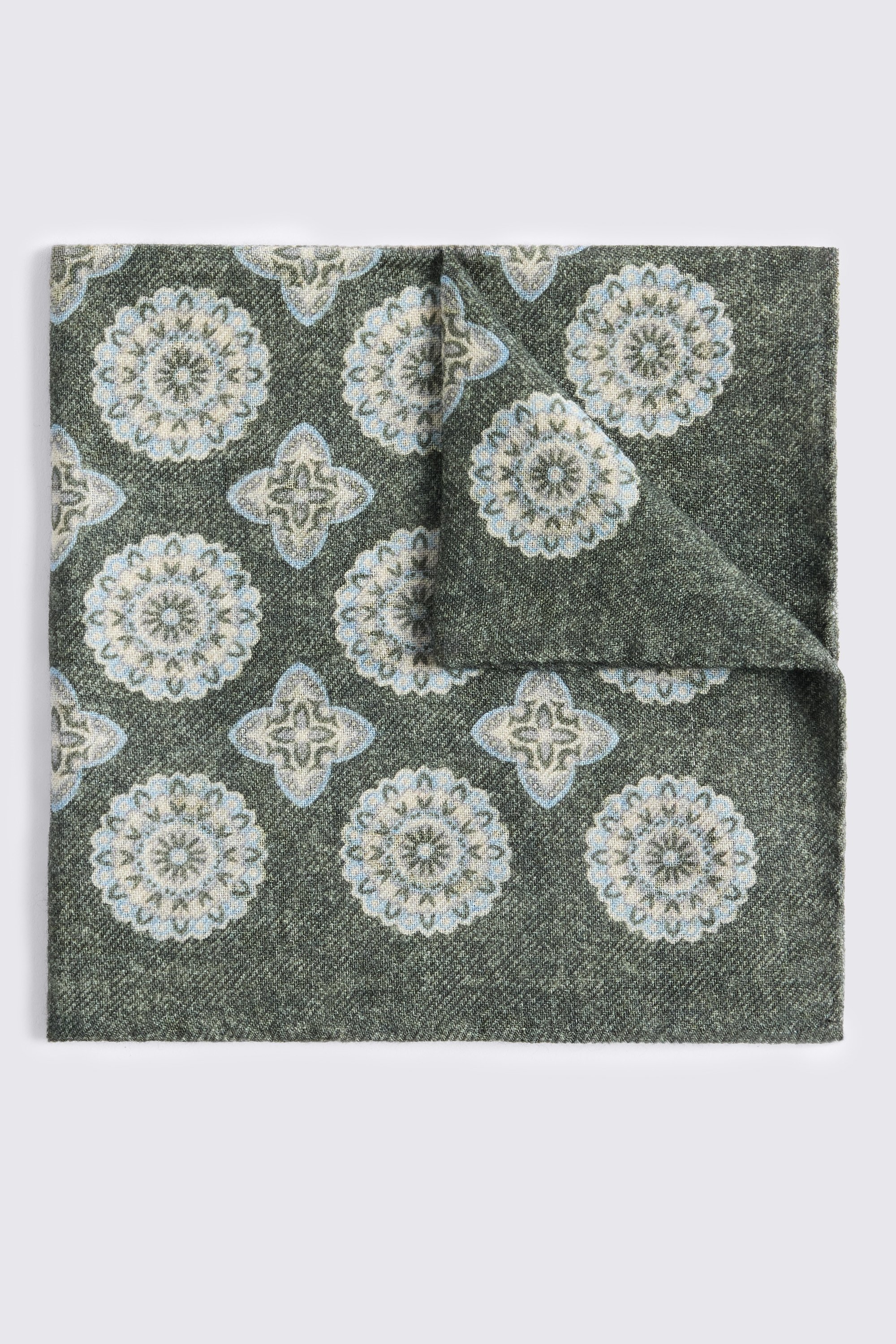 Italian Dark Green & Light Blue Wool Double Faced Pocket Square