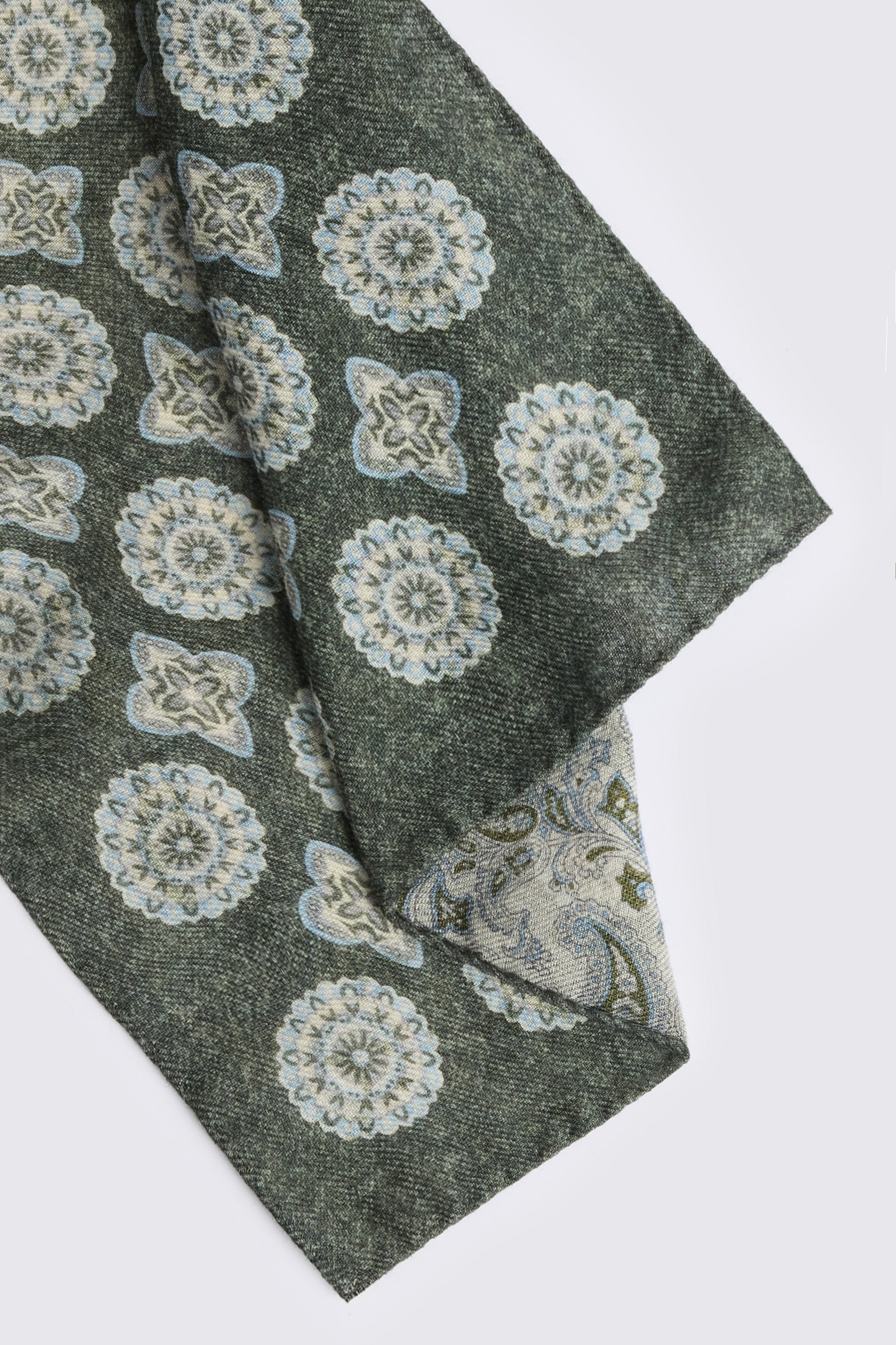 Italian Dark Green & Light Blue Wool Double Faced Pocket Square
