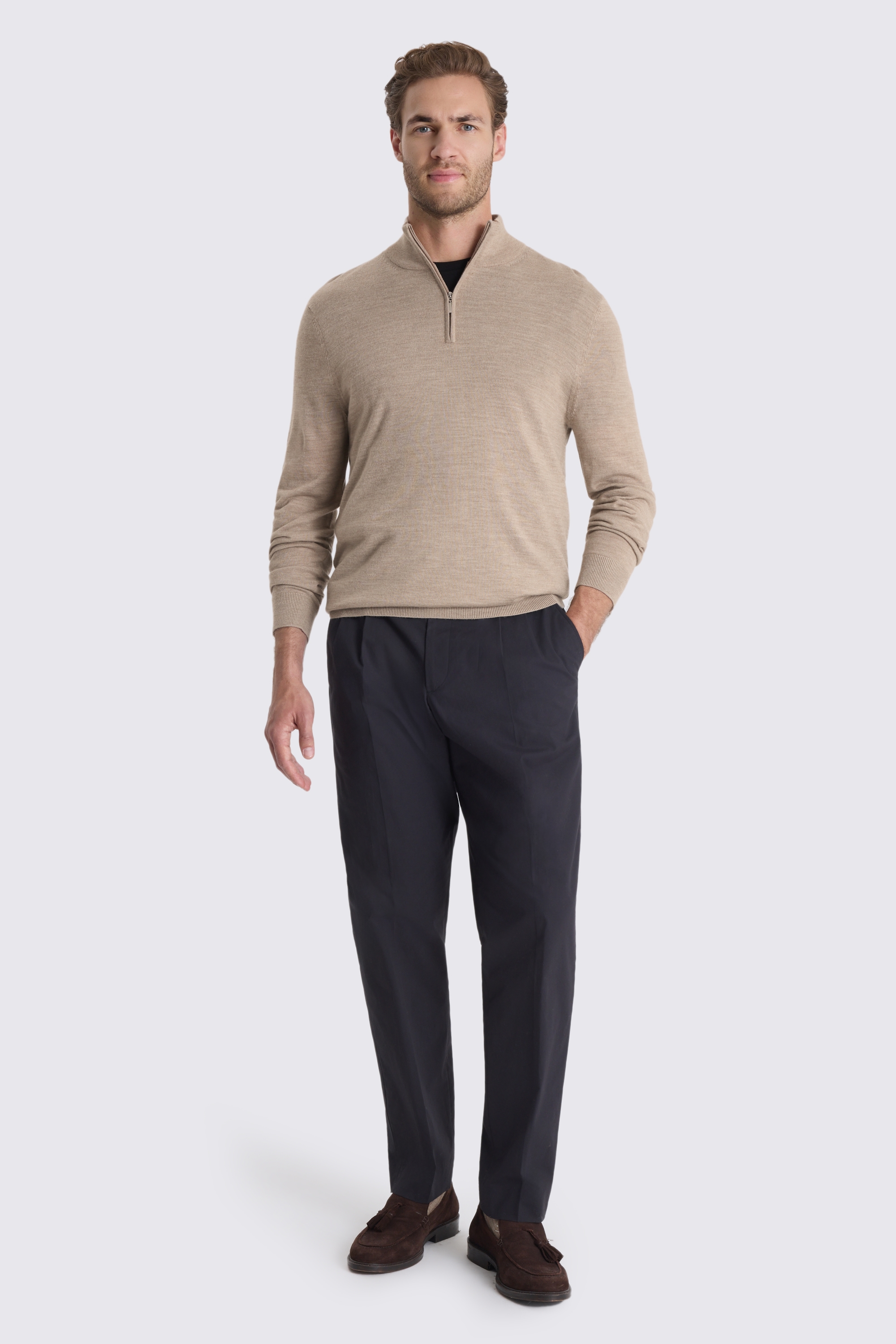 Taupe Melange Merino- Blend Zip-Neck Jumper