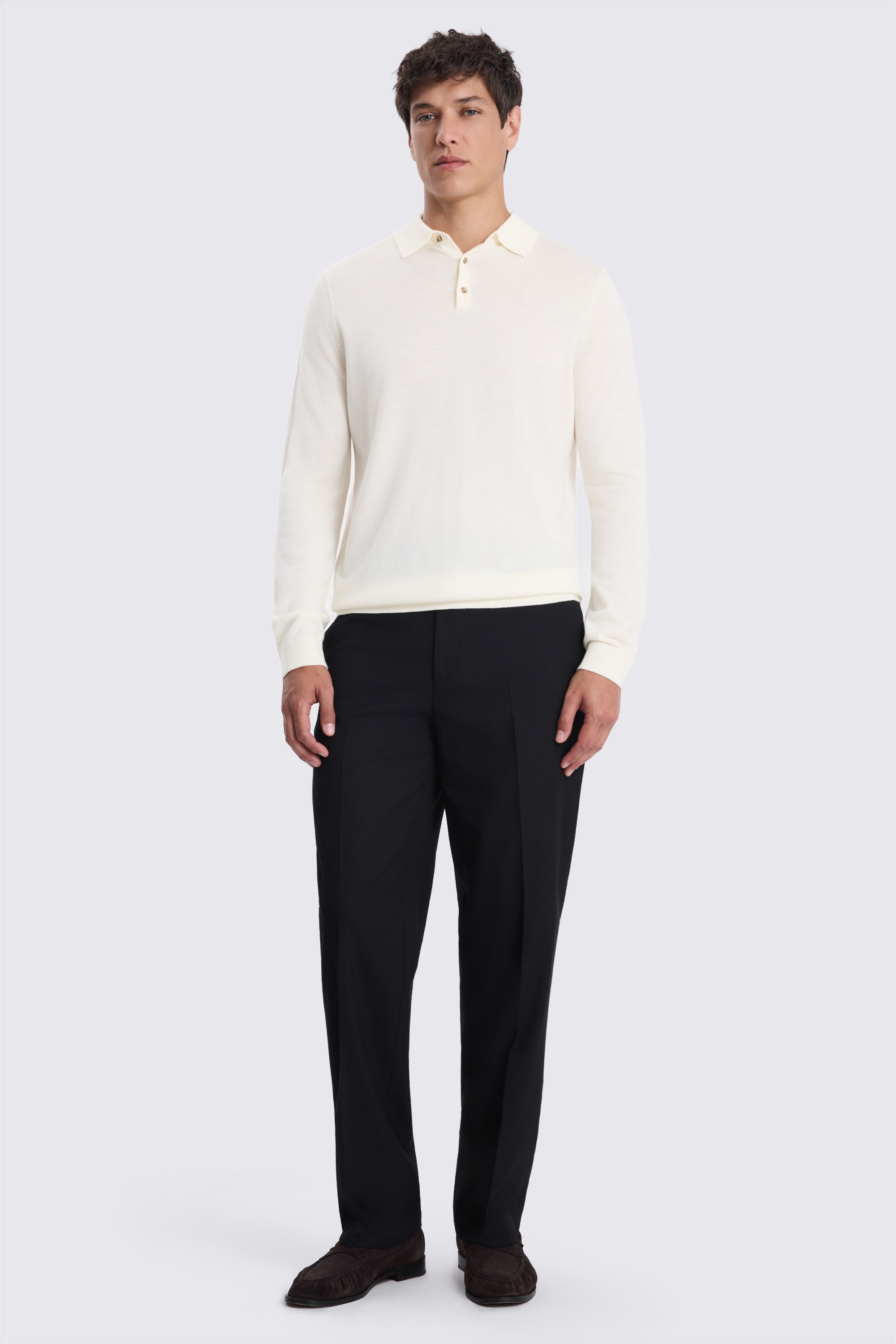 Winter White Merino-Blend Long-Sleeve Polo Shirt