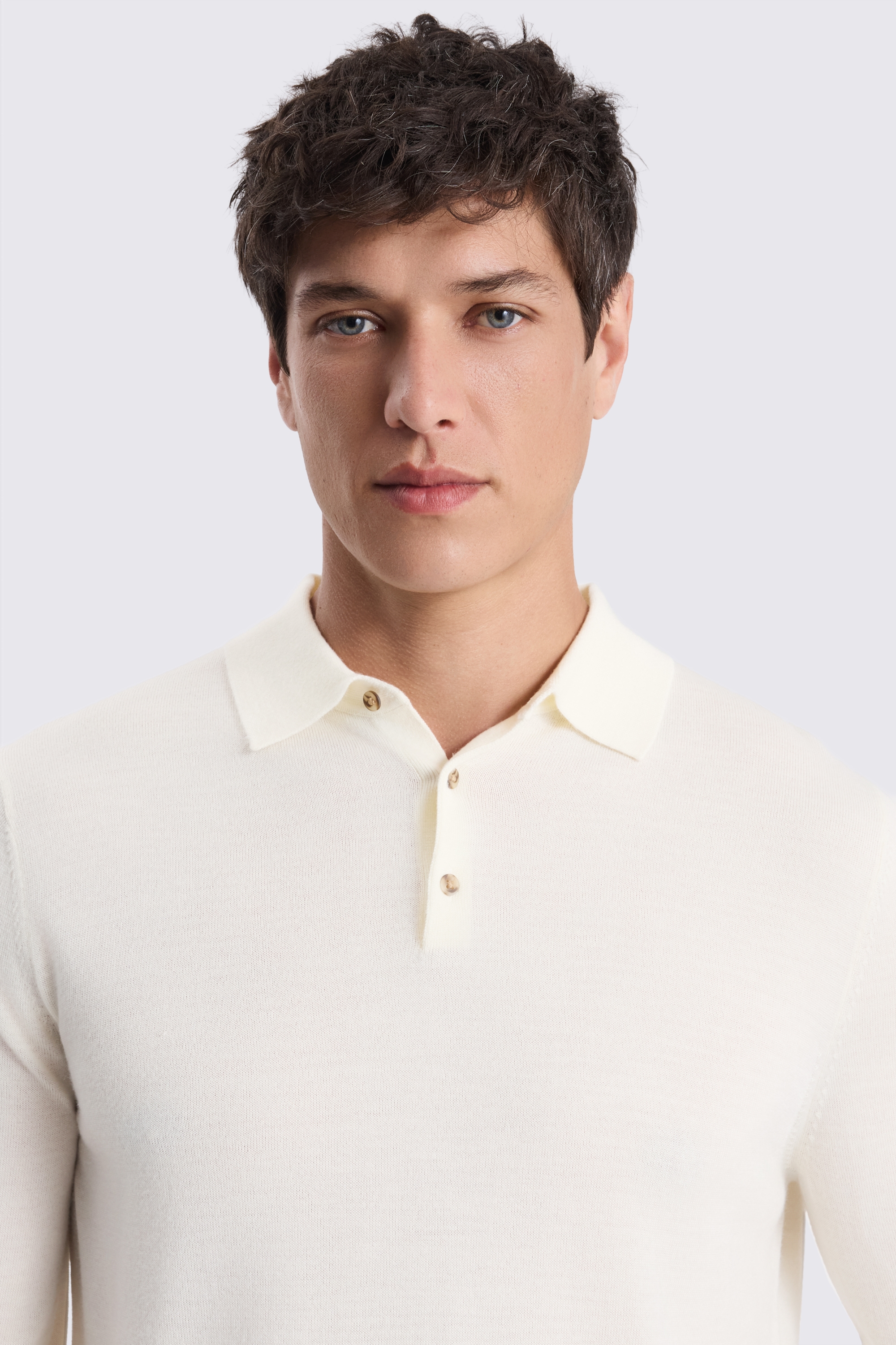 Winter White Merino-Blend Long-Sleeve Polo Shirt