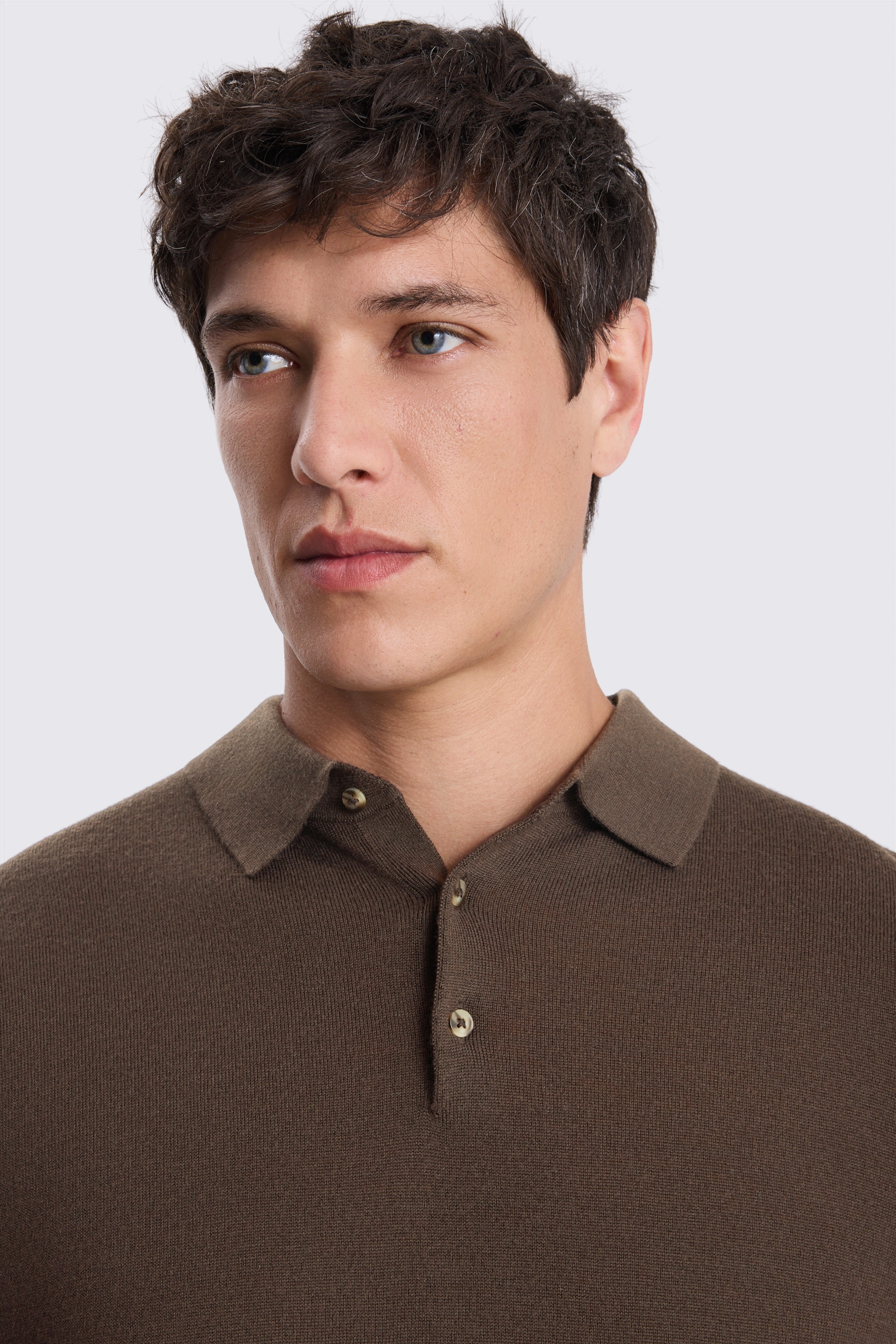 Brown Merino-Blend Long-Sleeve Polo Shirt