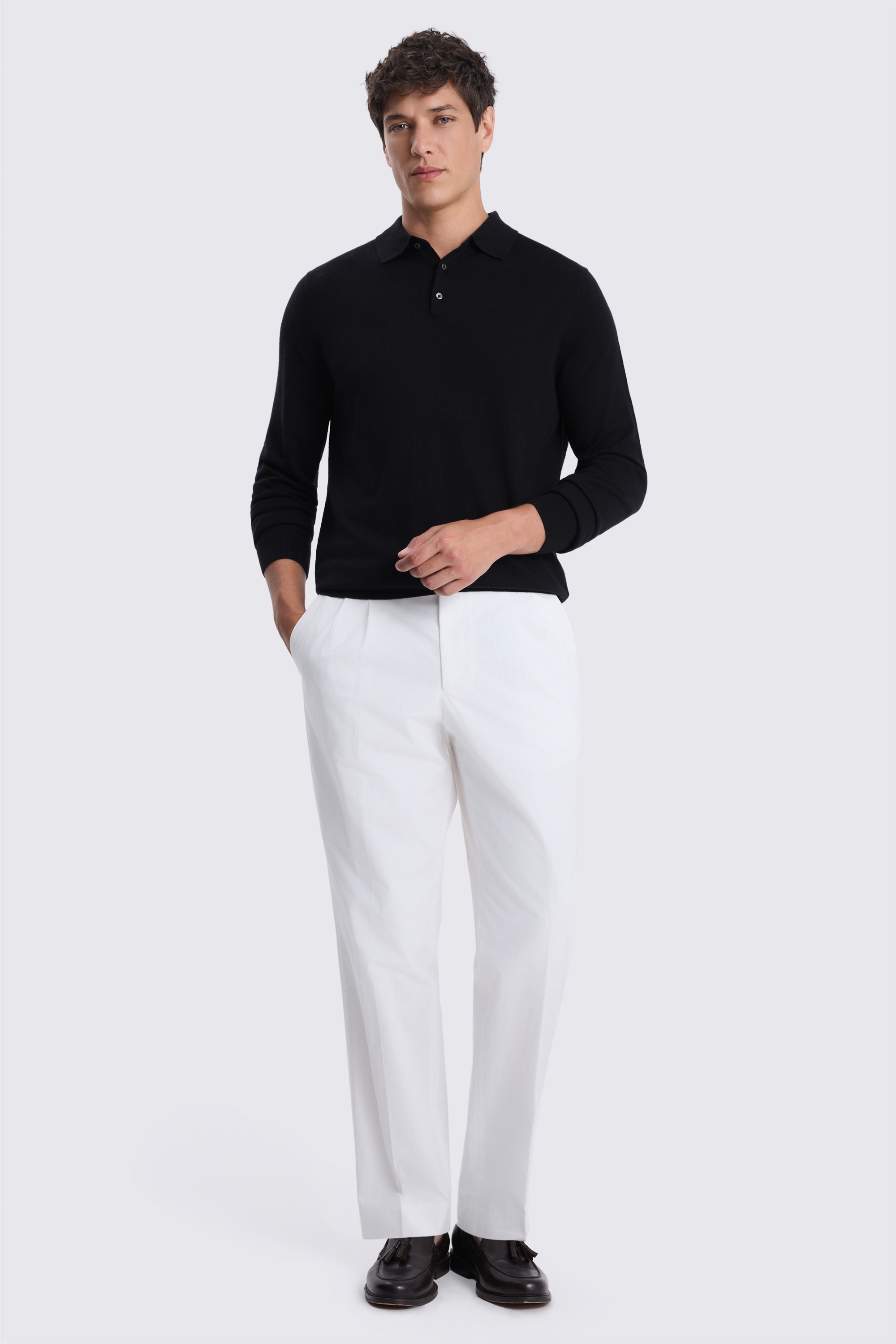 Navy Merino-Blend Long-Sleeve Polo Shirt