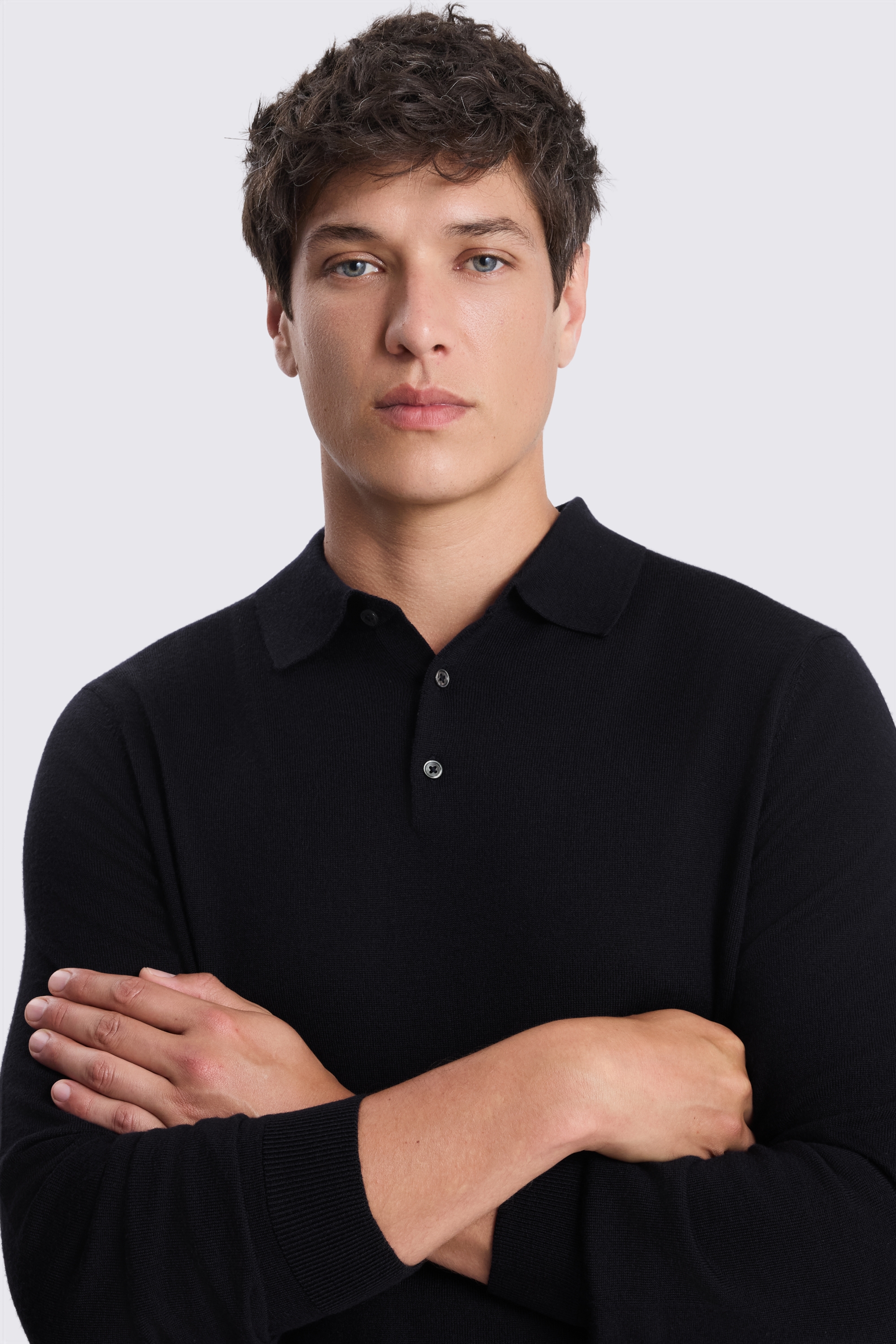 Navy Merino-Blend Long-Sleeve Polo Shirt