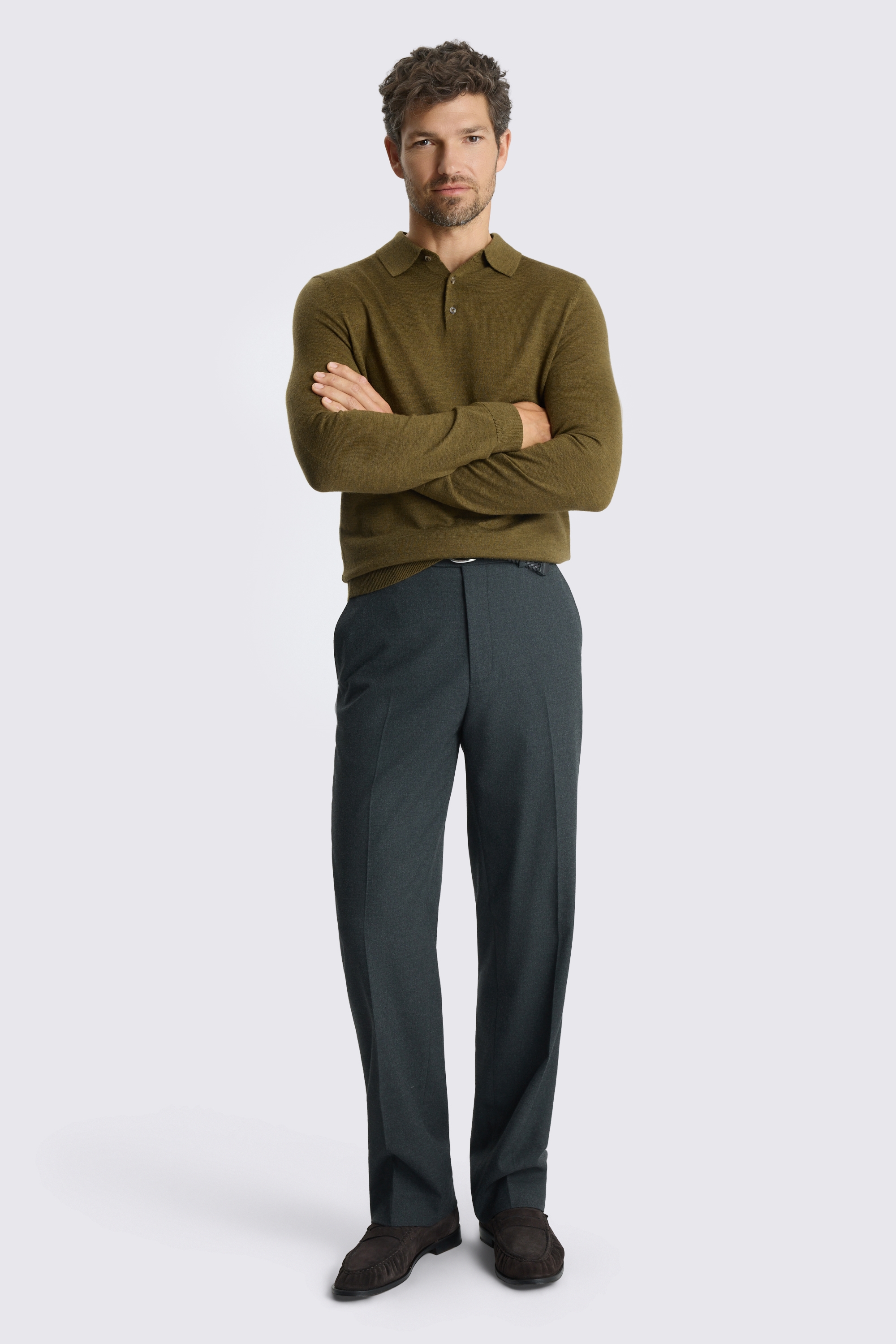 Olive Merino-Blend Long-Sleeve Polo Shirt