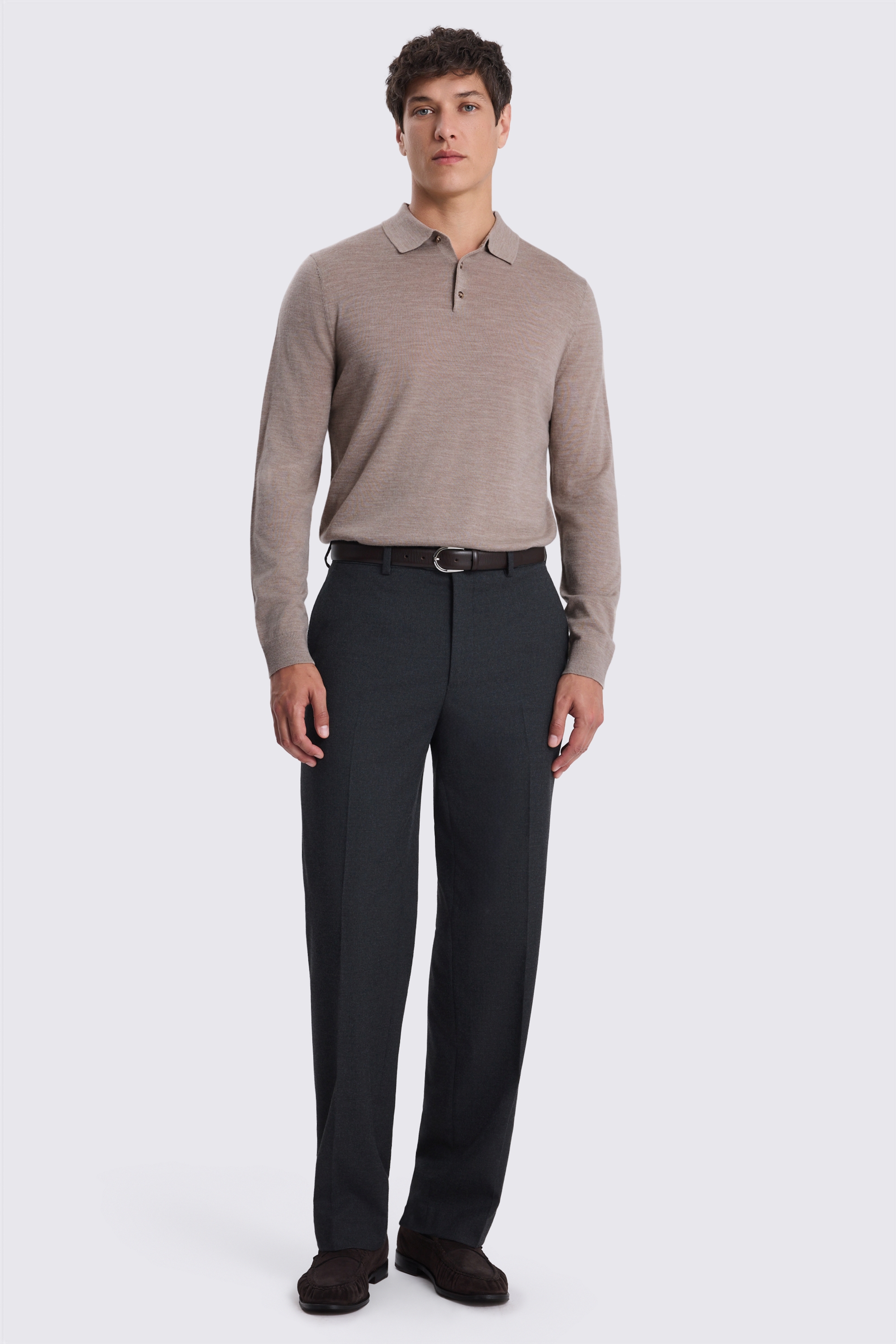 Taupe Melange Merino-Blend Long-Sleeve Polo Shirt