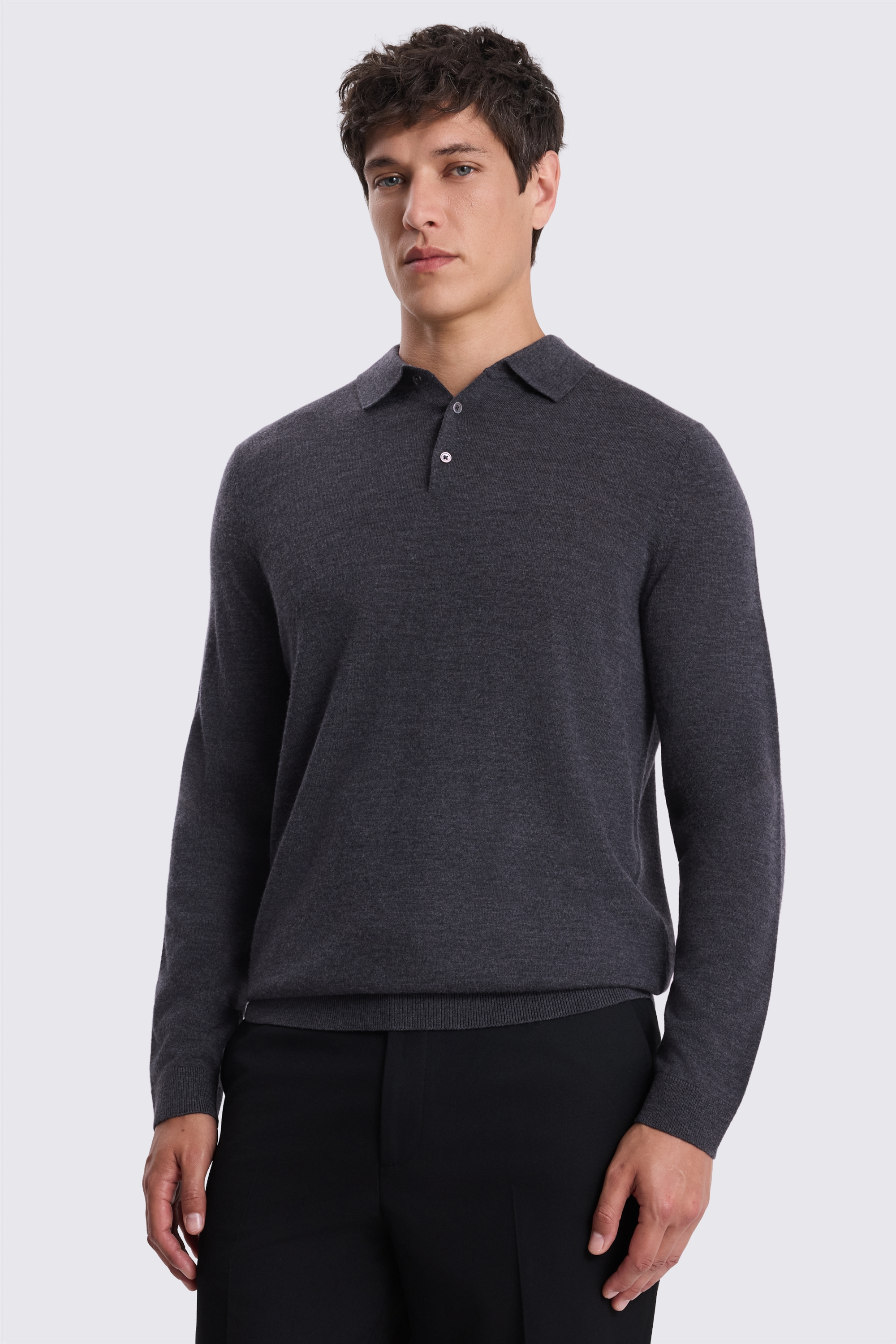 Charcoal Merino-Blend Long-Sleeve Polo Shirt