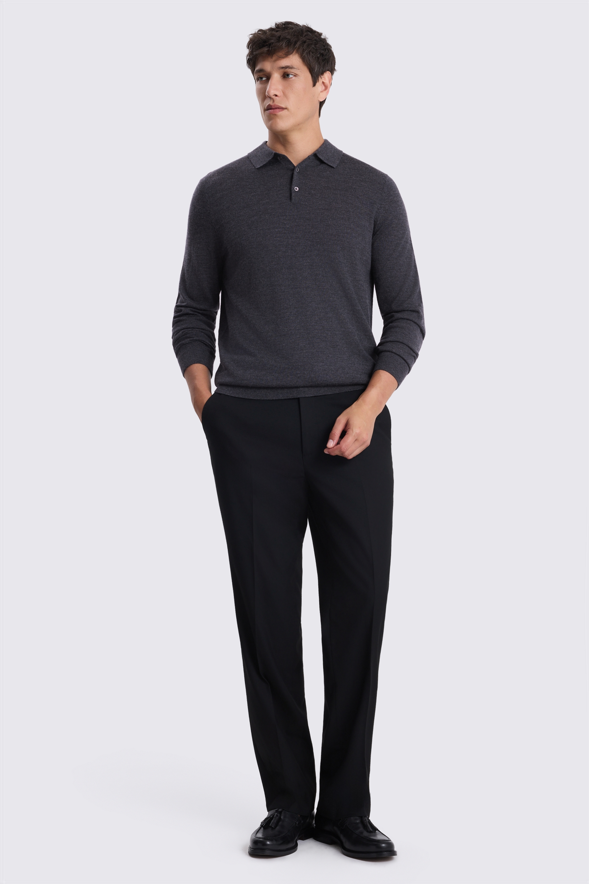 Charcoal Merino-Blend Long-Sleeve Polo Shirt