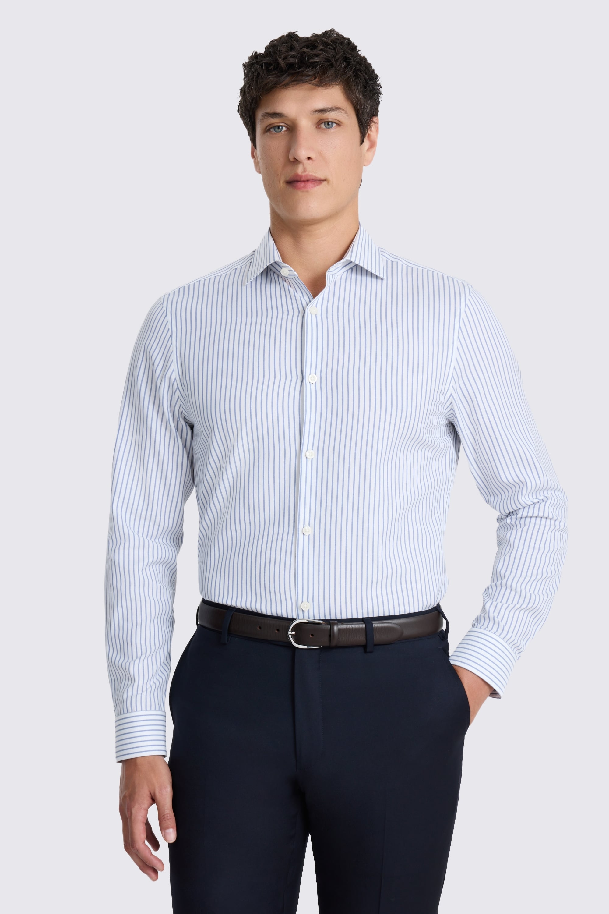 Slim Fit Blue & White Wide Stripe Shirt