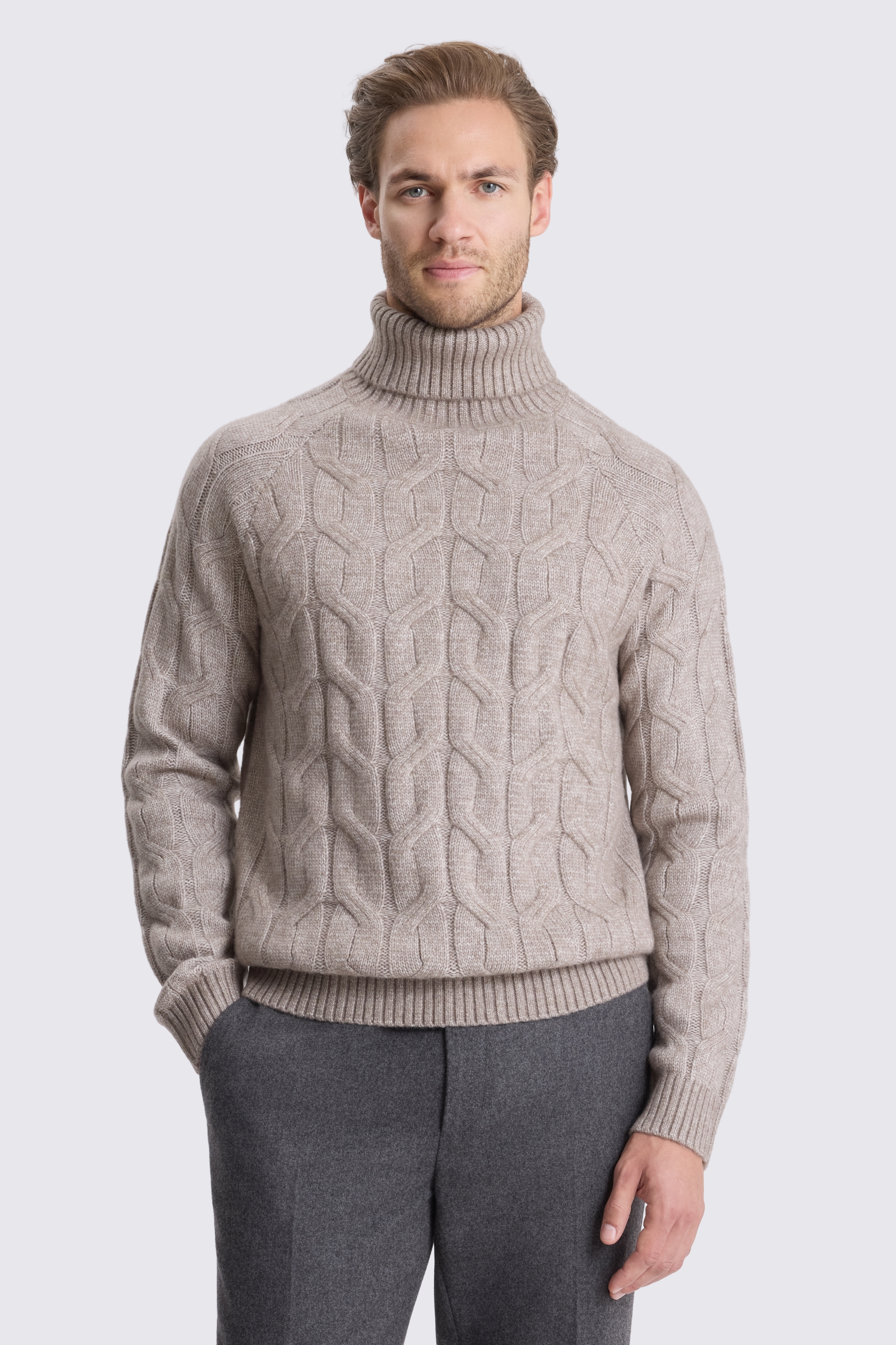 Taupe Cable Roll Neck Jumper