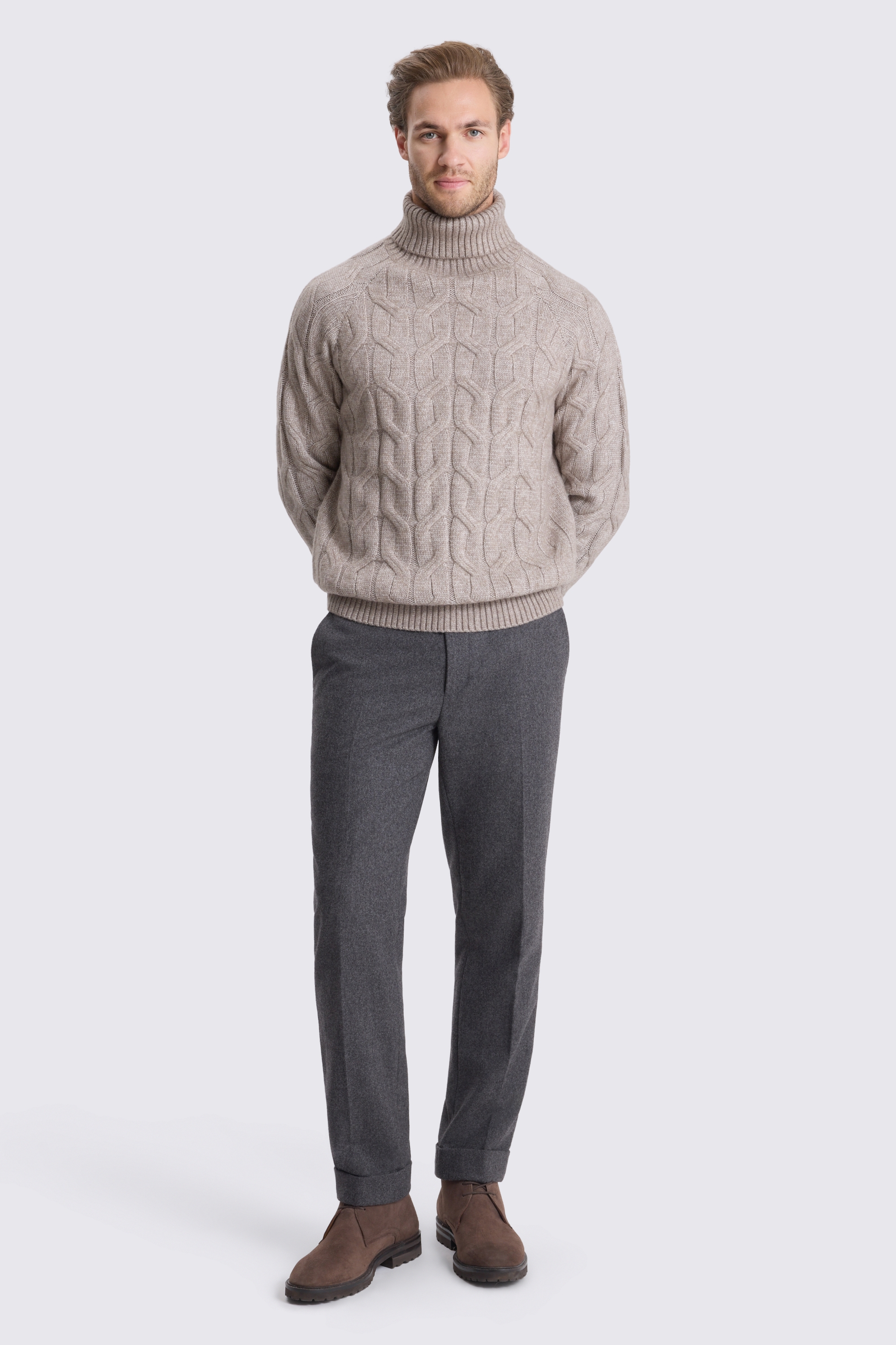 Taupe Cable Roll Neck Jumper