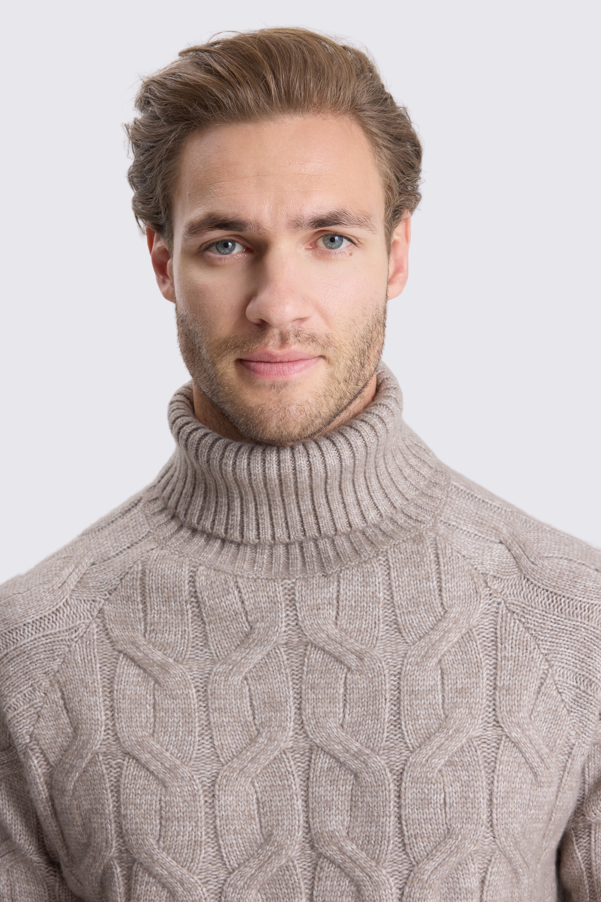 Taupe Cable Roll Neck Jumper