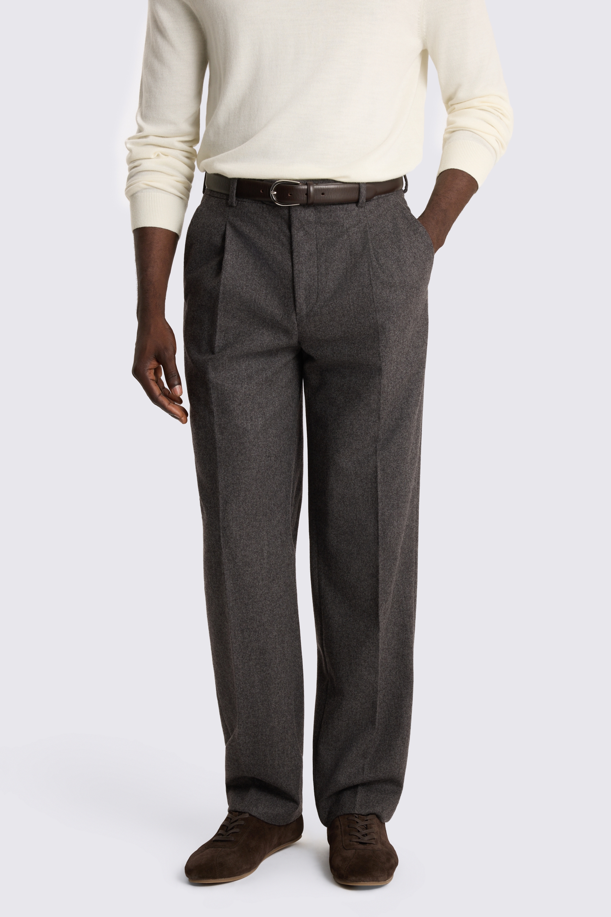 Charcoal Flannel Wide Leg Pleated Trousers