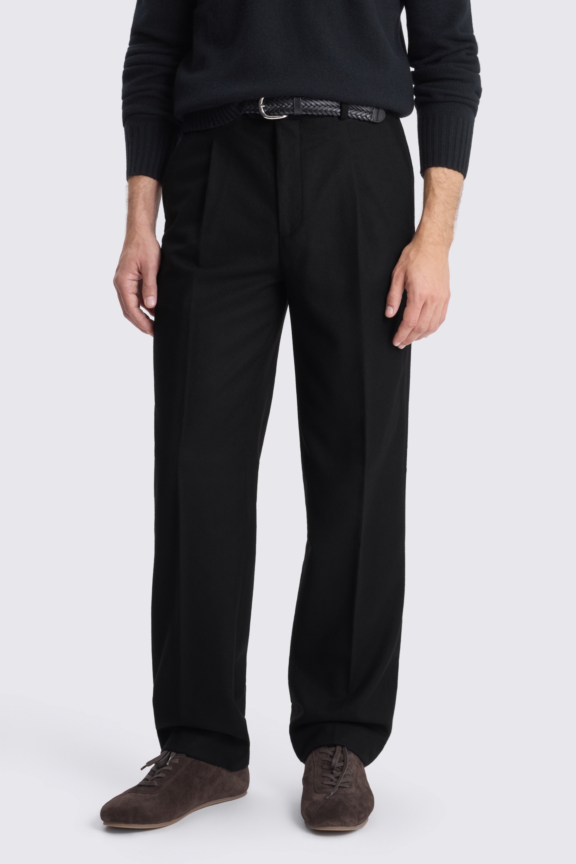 Black Flannel Wide Leg Pleated Trousers