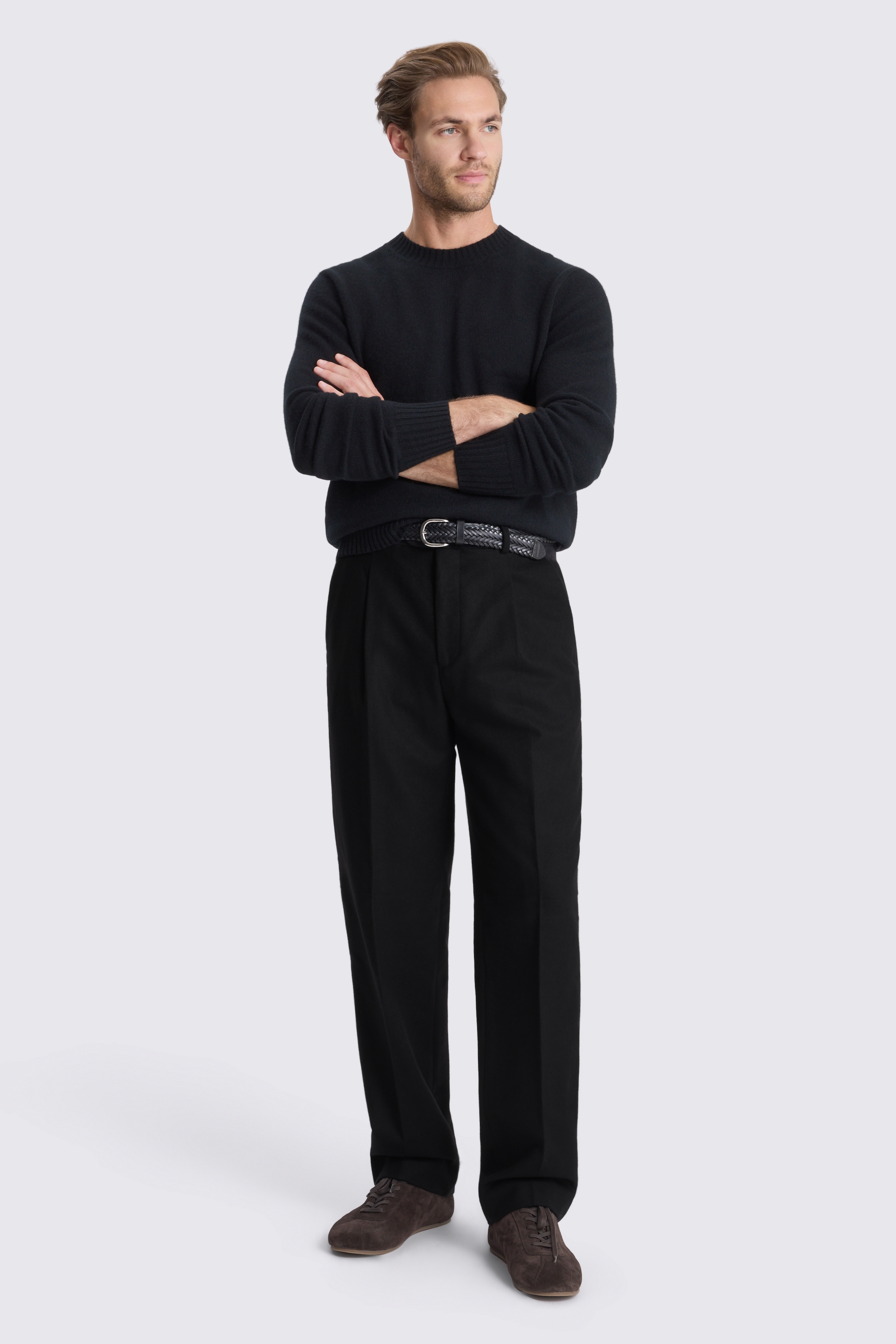 Black Flannel Wide Leg Pleated Trousers