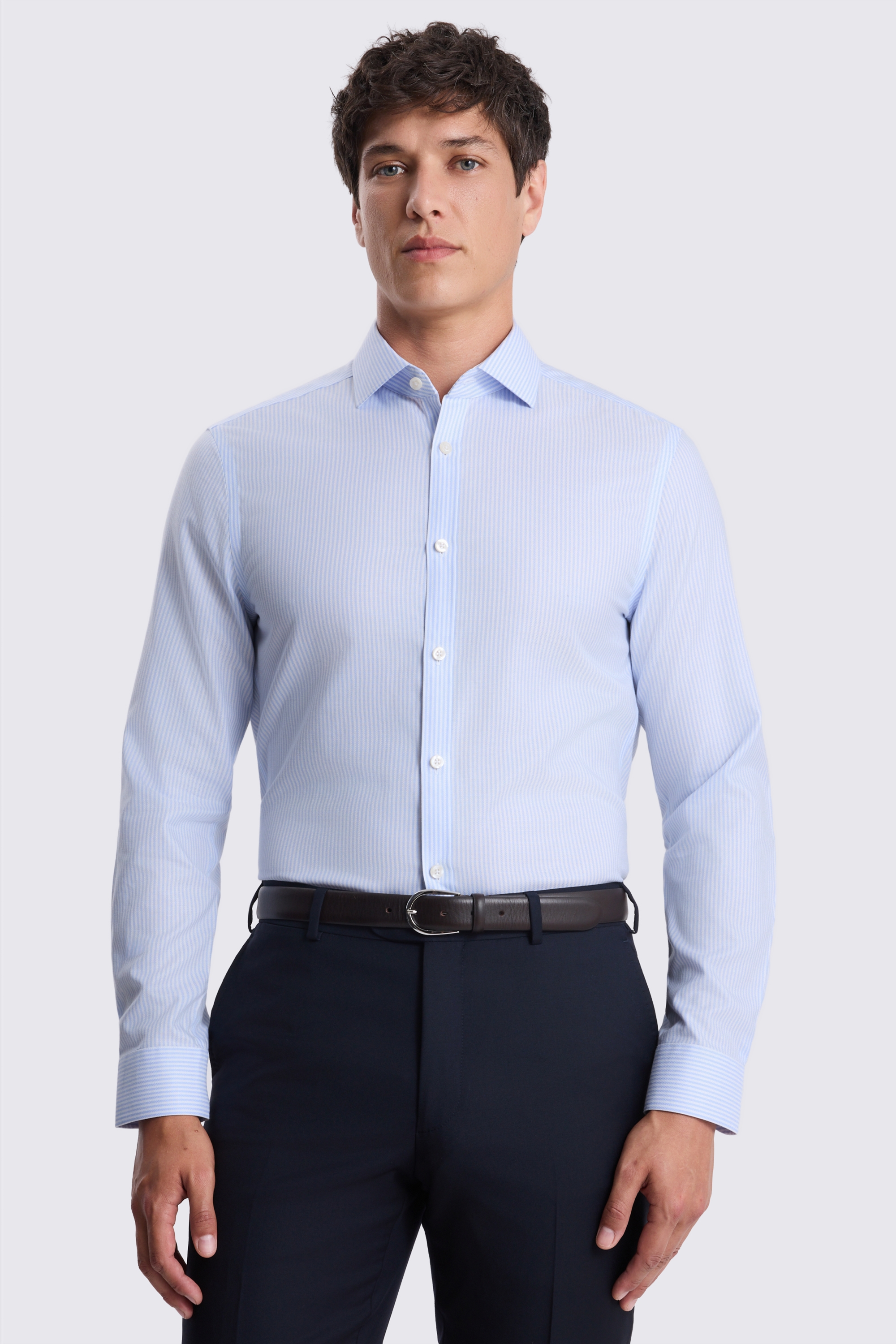 Slim Fit Sky Narrow Stripe Non Iron Shirt