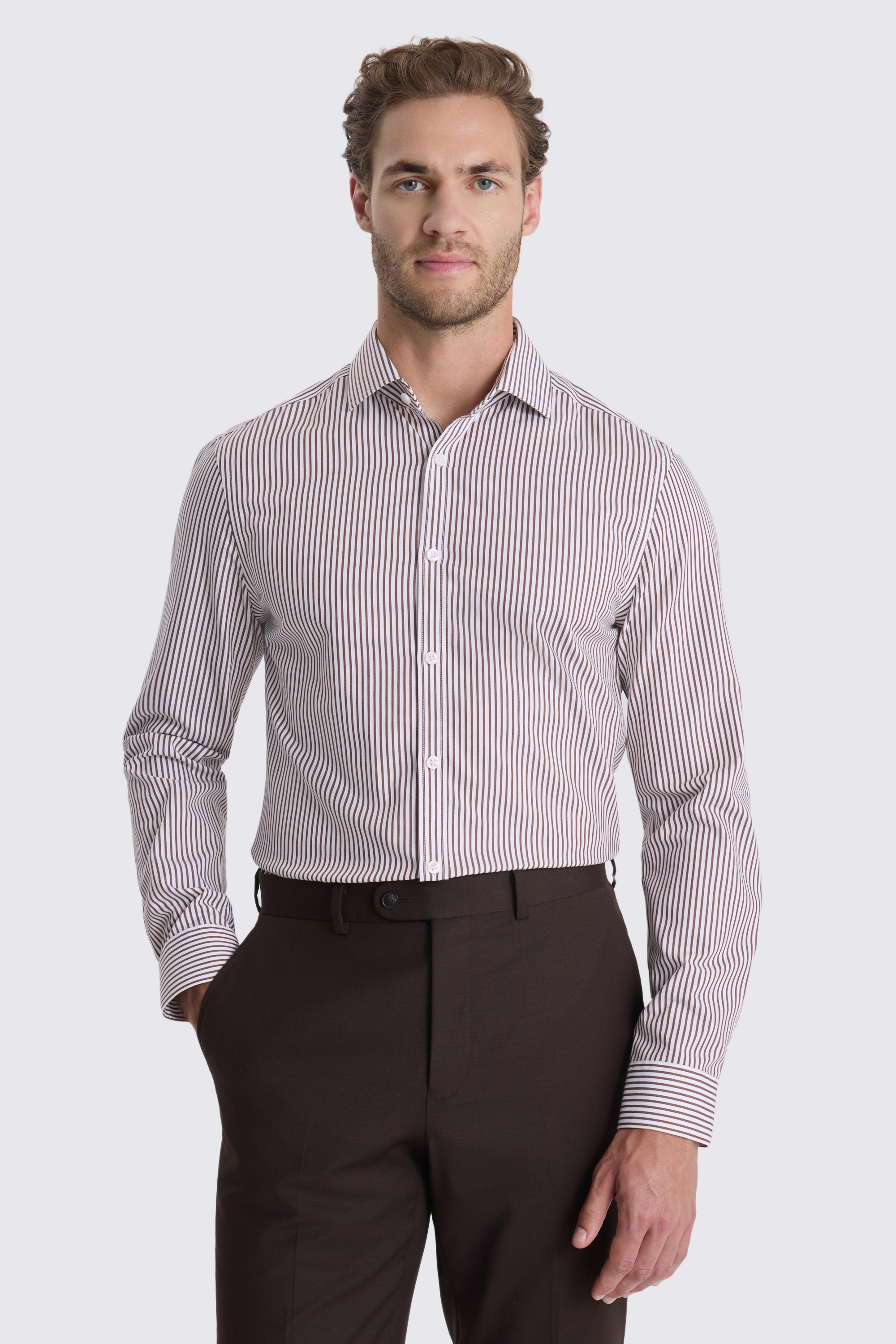 Slim Fit Brown Stripe Non Iron Shirt