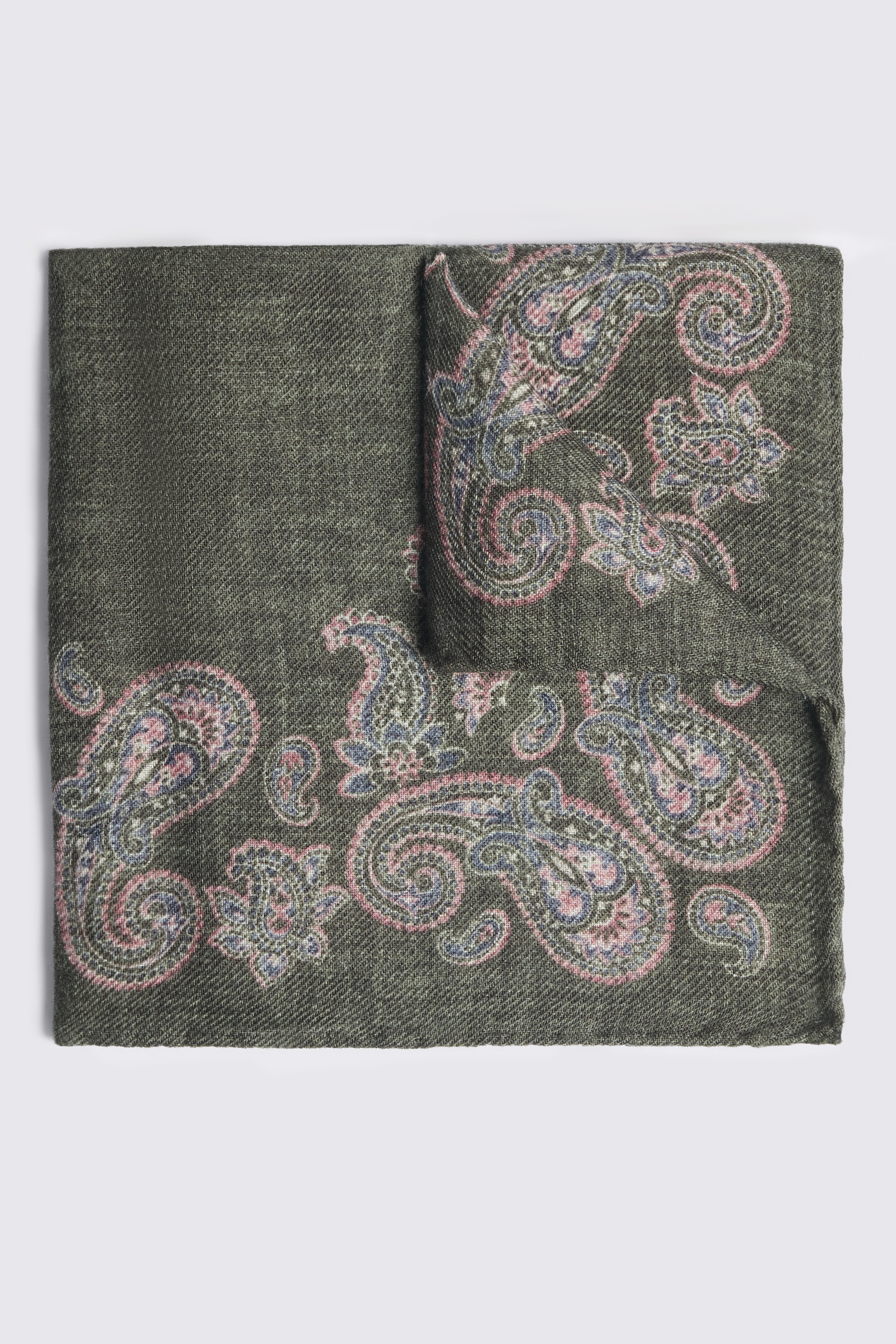 Bottinelli Khaki & Pink Paisley Wool Pocket Square