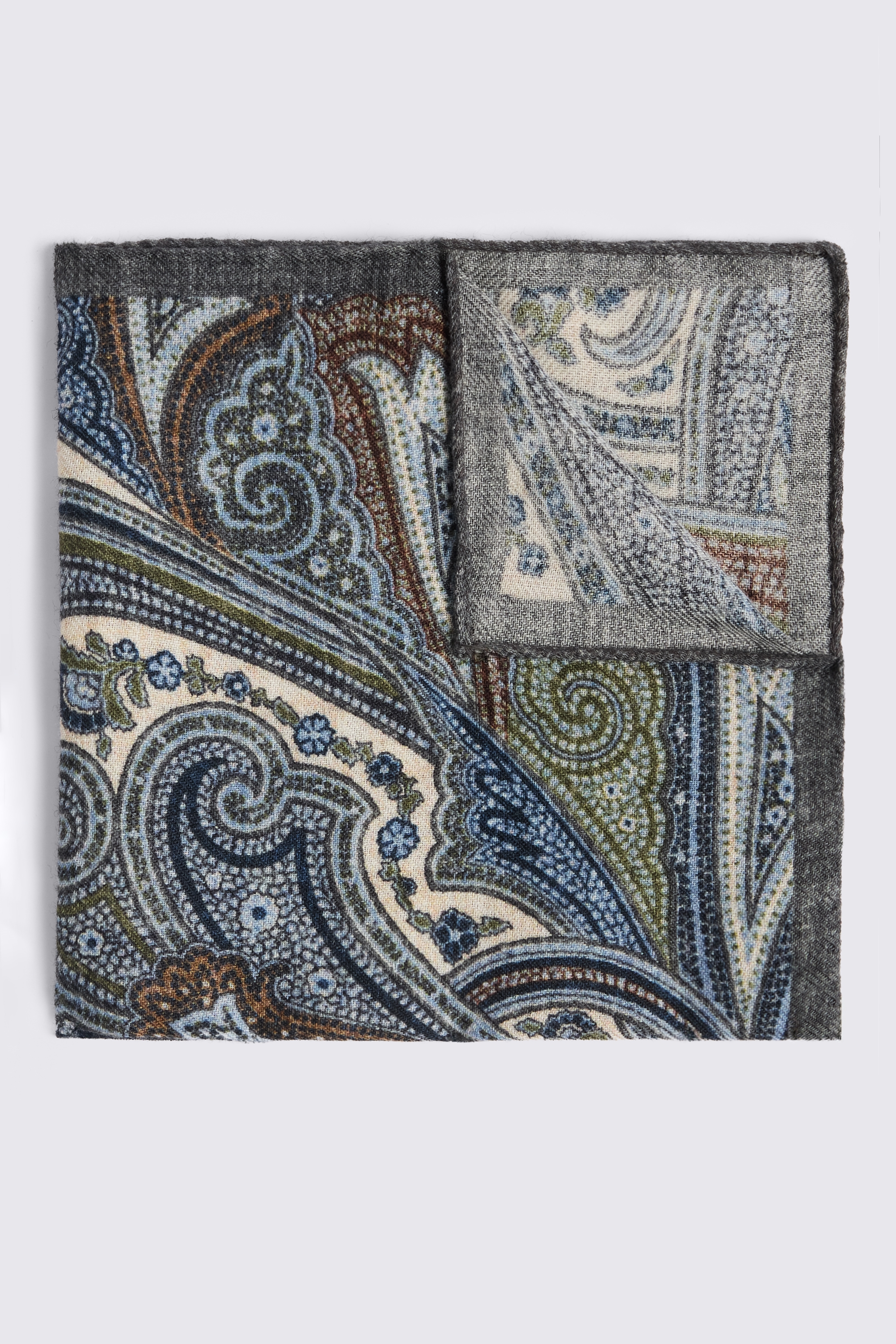 Bottinelli Blue & Green Wool Multi Paisley Pocket Square