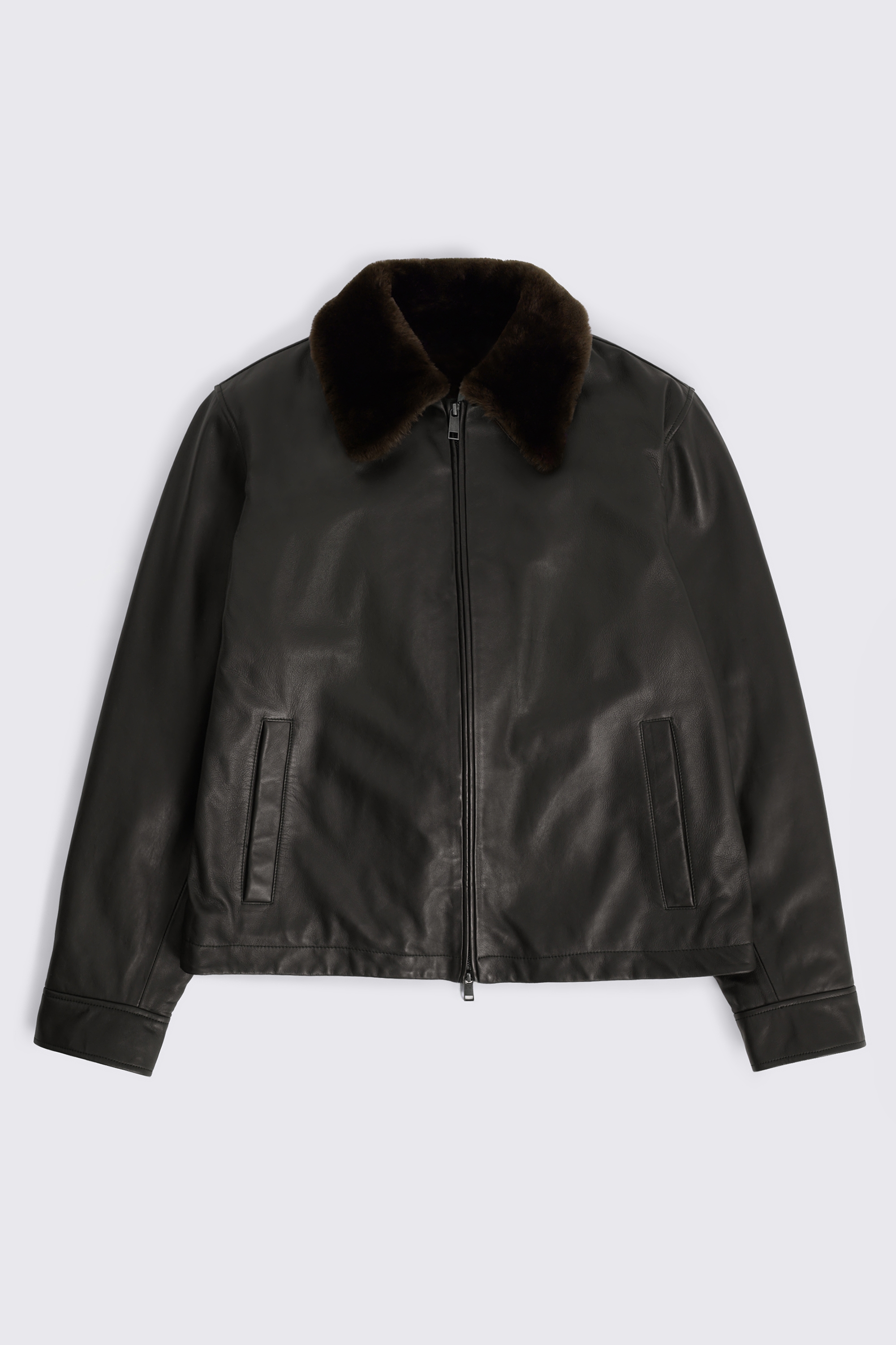 Dark Brown Shearling Collar Leather Jacket  