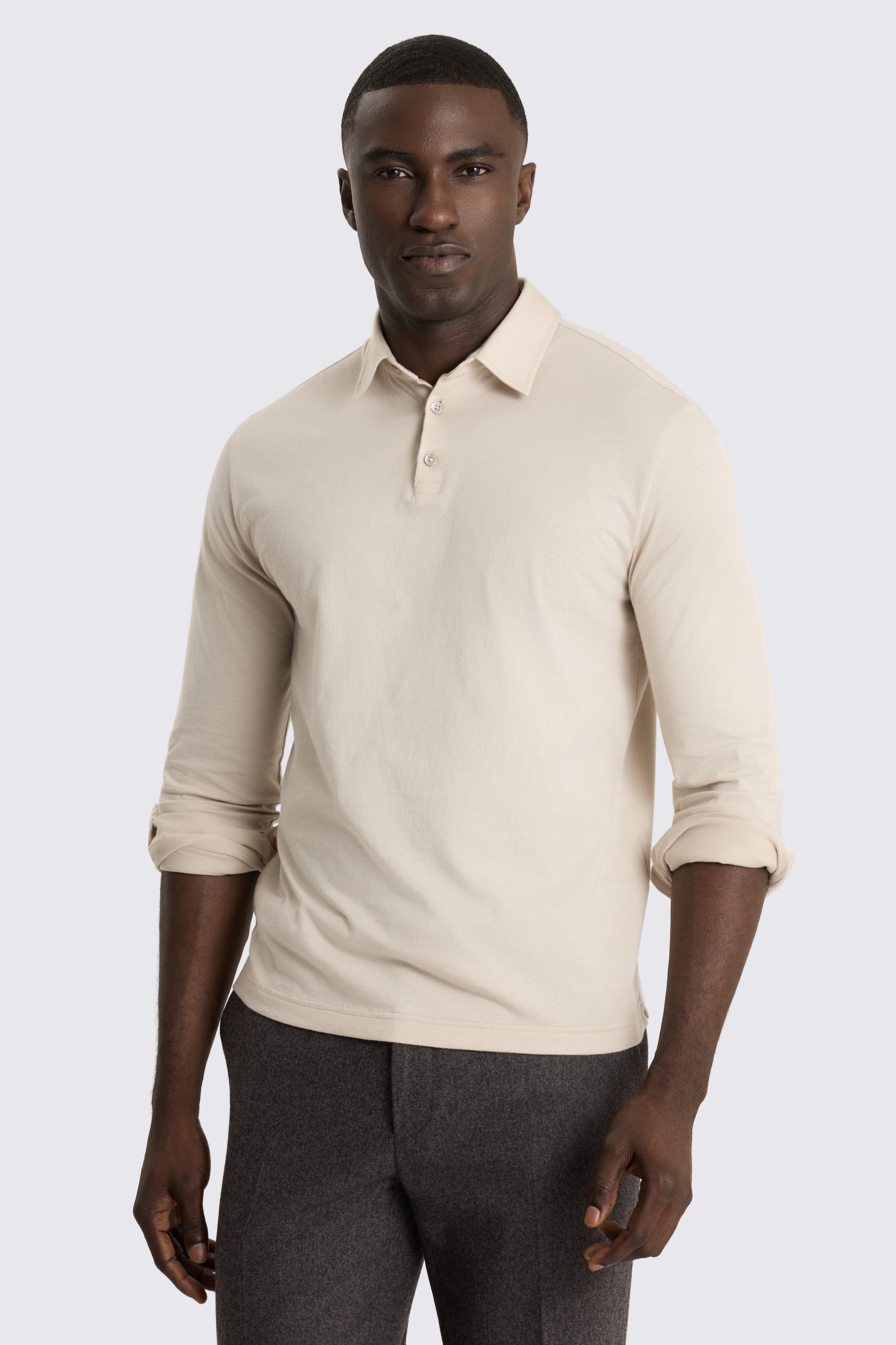 Long Sleeve Oatmeal Jersey Polo Shirt