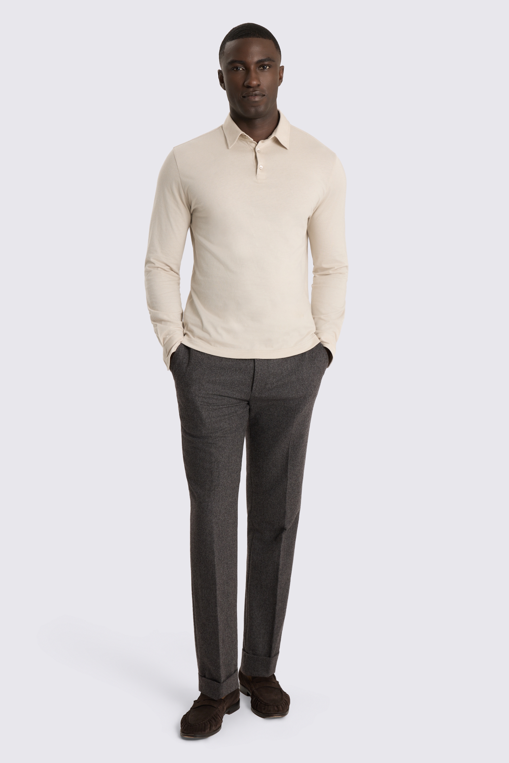 Long Sleeve Oatmeal Jersey Polo Shirt