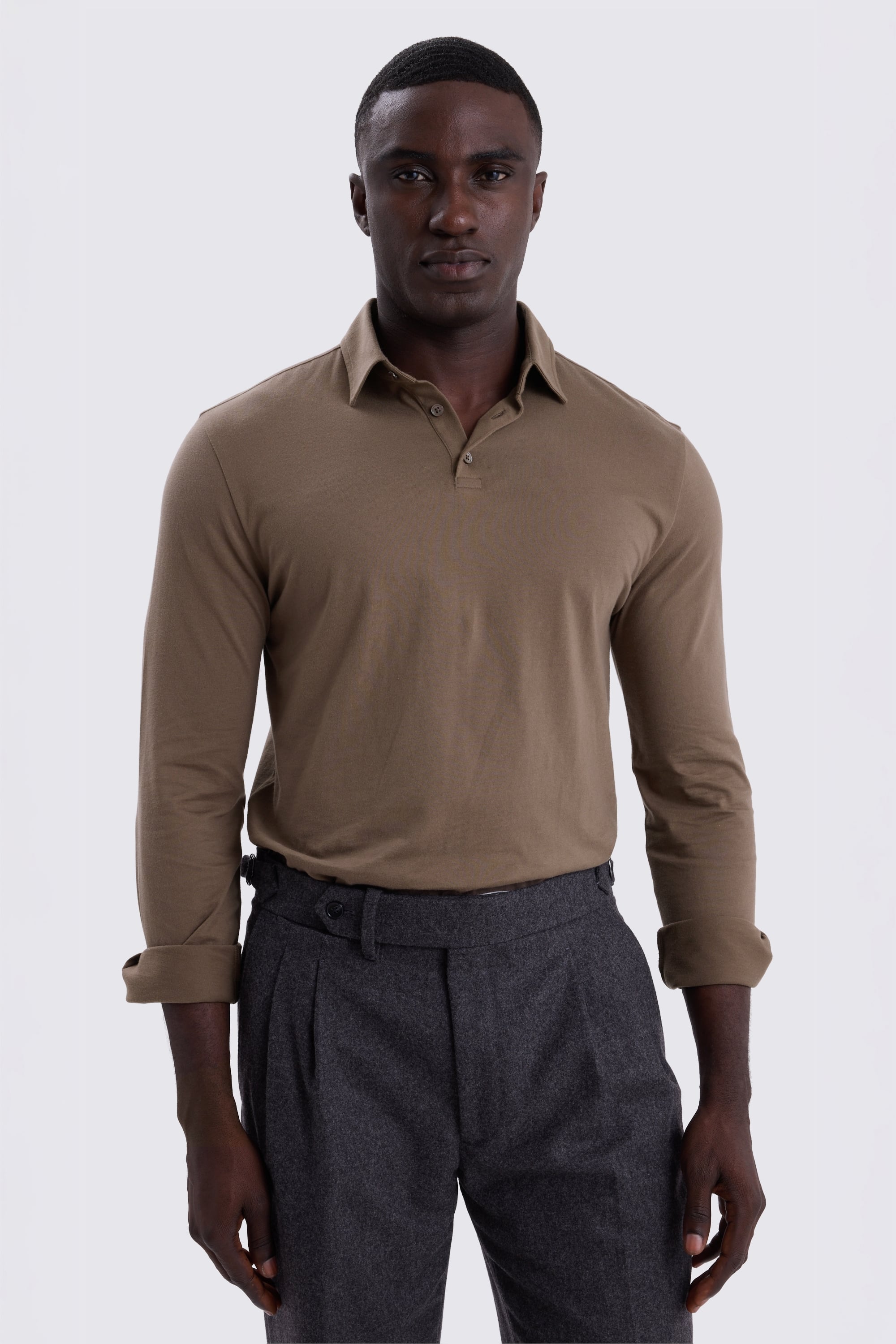 Taupe Jersey Long-Sleeve Polo Shirt