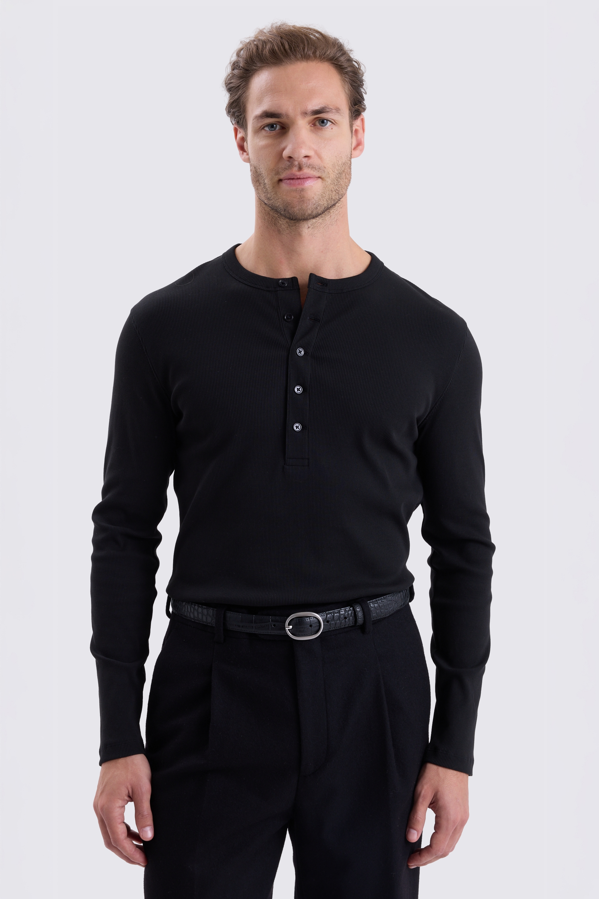 Black Ribbed Henley
