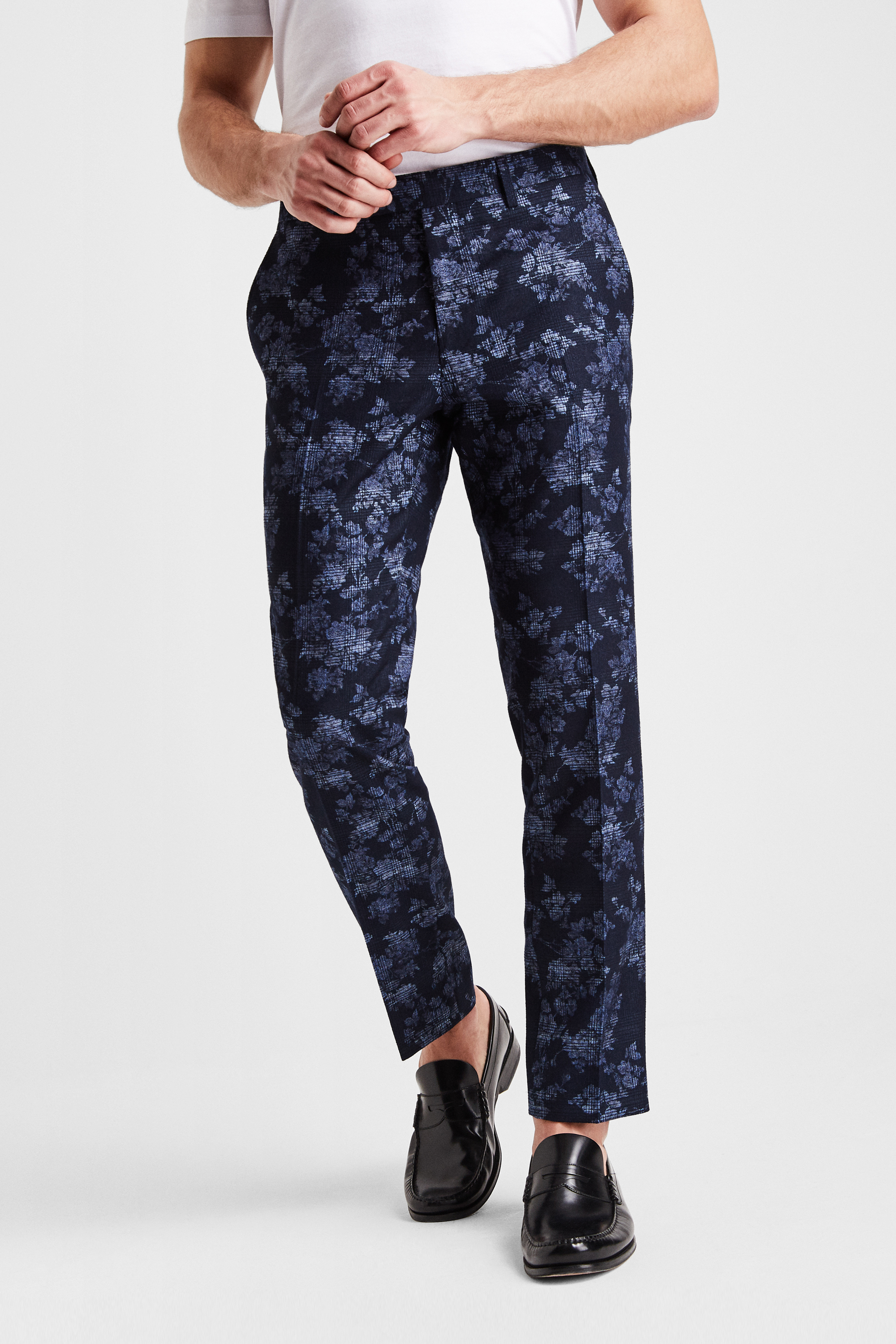 Moss London Slim Fit Blue Floral Check Trousers