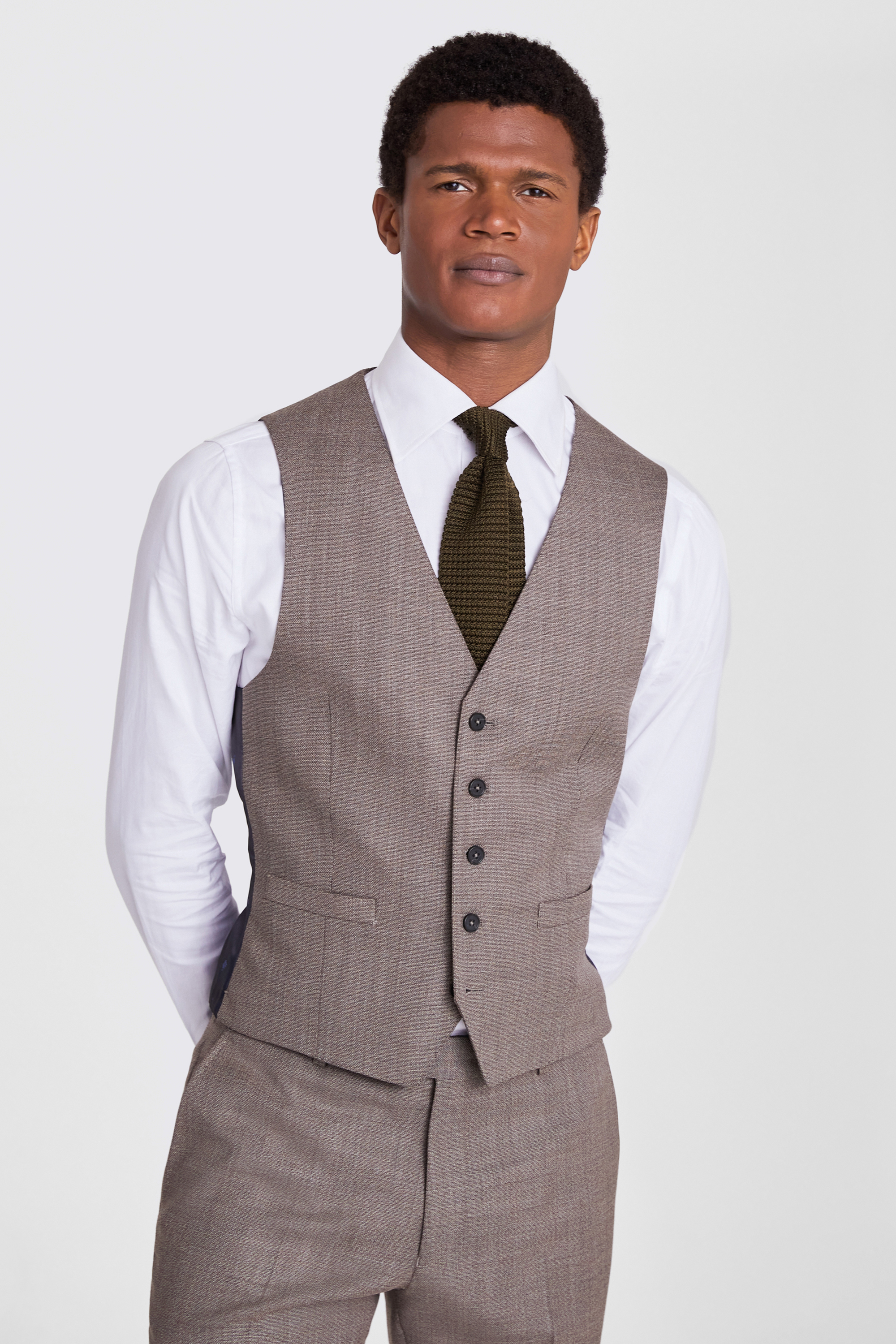 Italian Slim Fit Taupe Hopsack Waistcoat | Buy Online at Moss