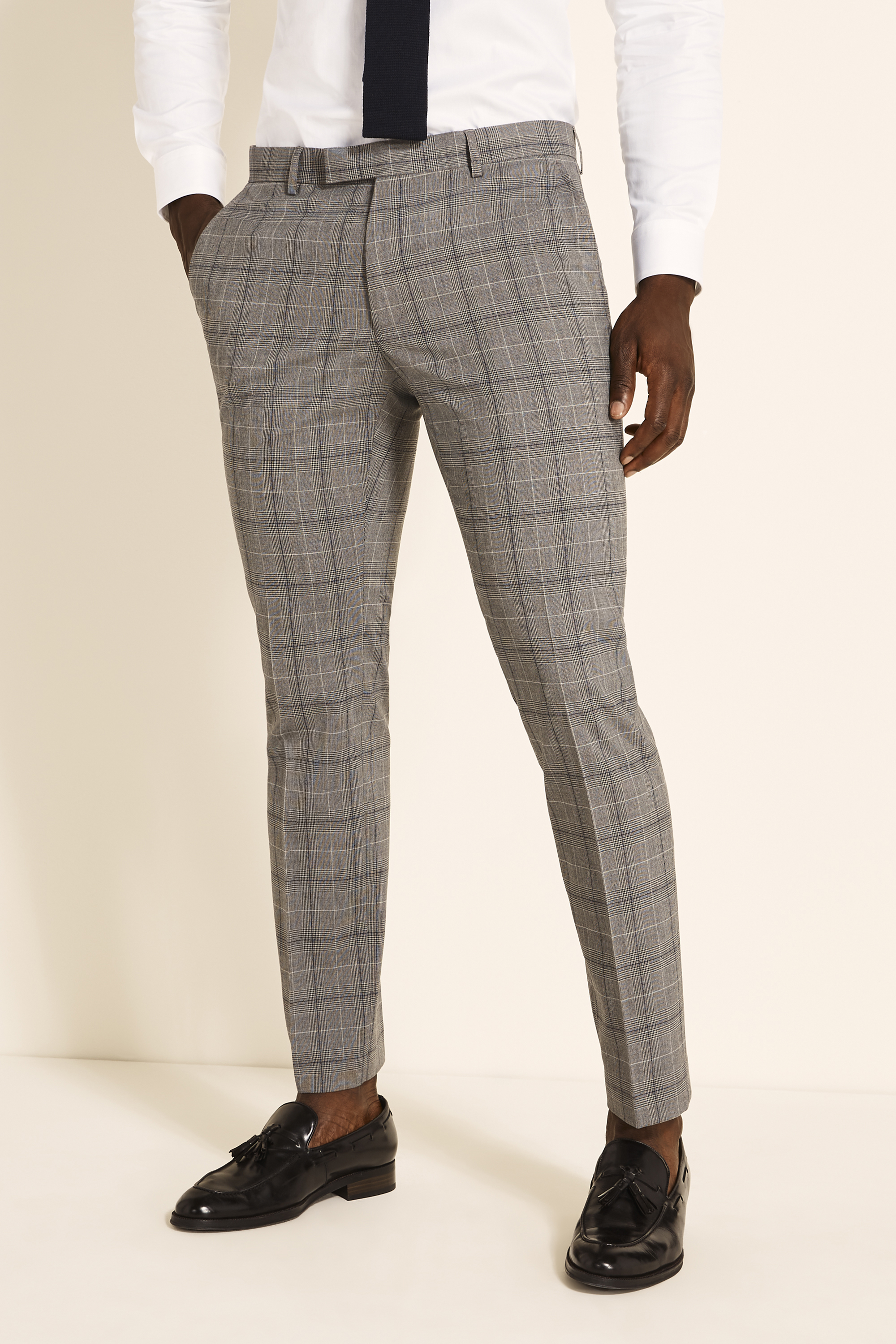 Slim Fit Grey Navy Check Trousers | Buy Online at Moss