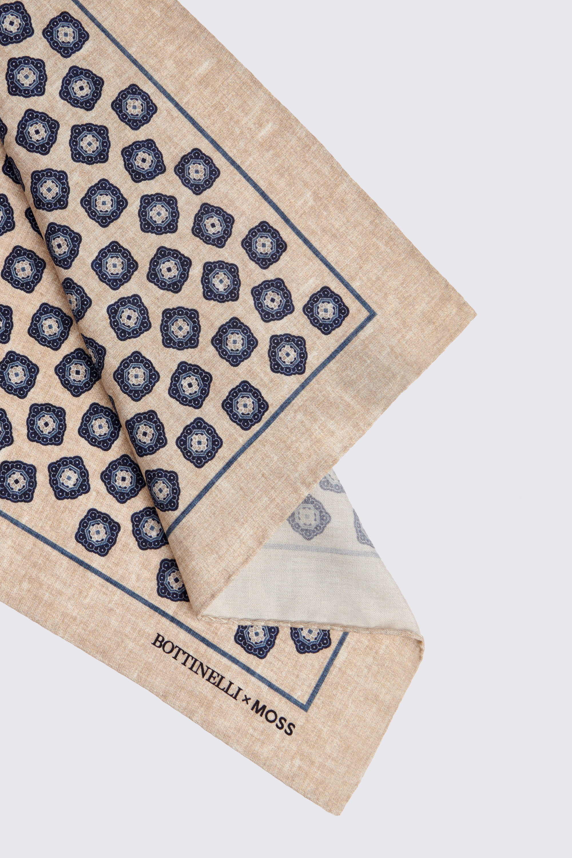 Bottinelli Neutral & Navy Silk Medallion Pocket Square