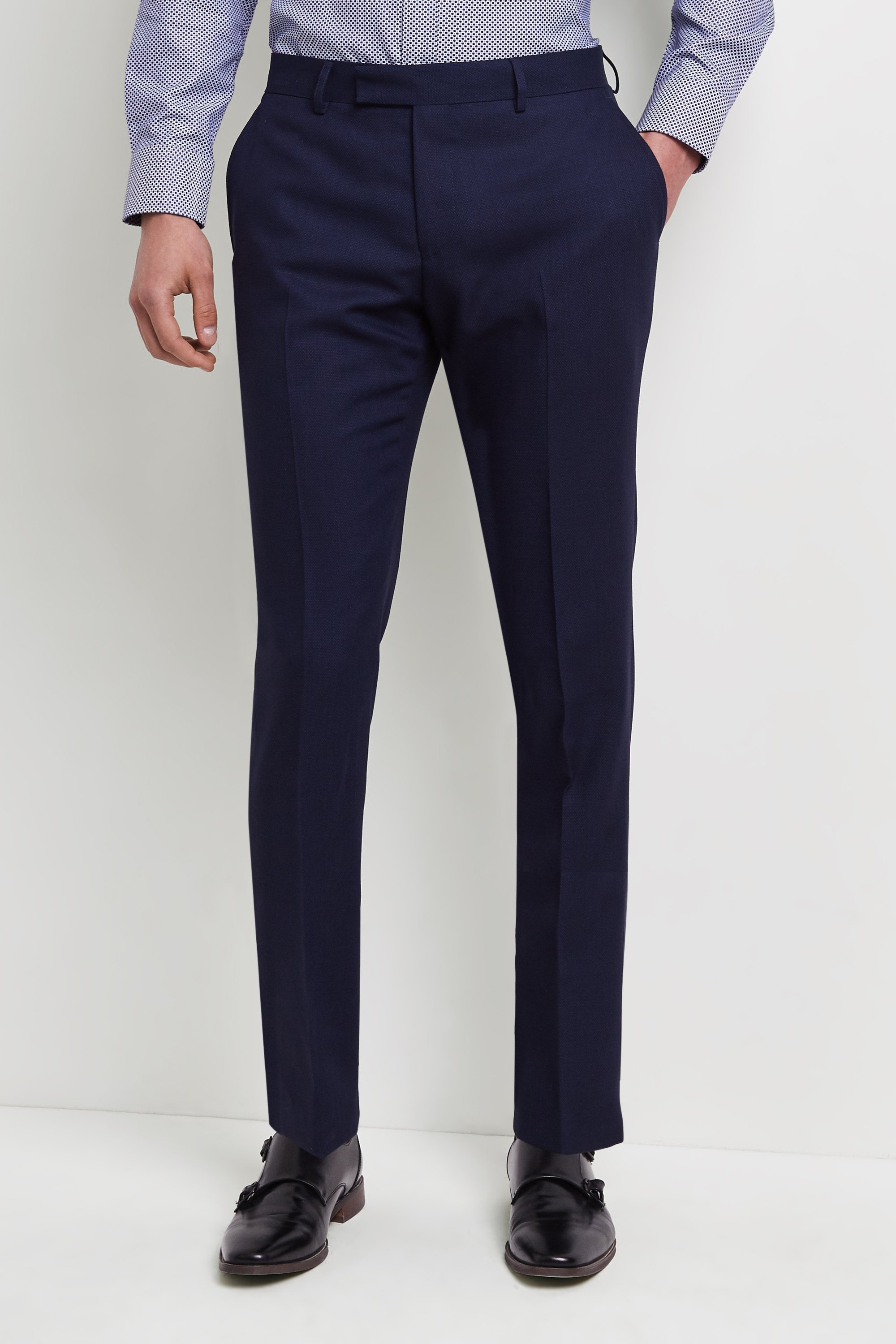Moss 1851 Tailored Fit Navy Birdseye Trousers | Buy Online at Moss
