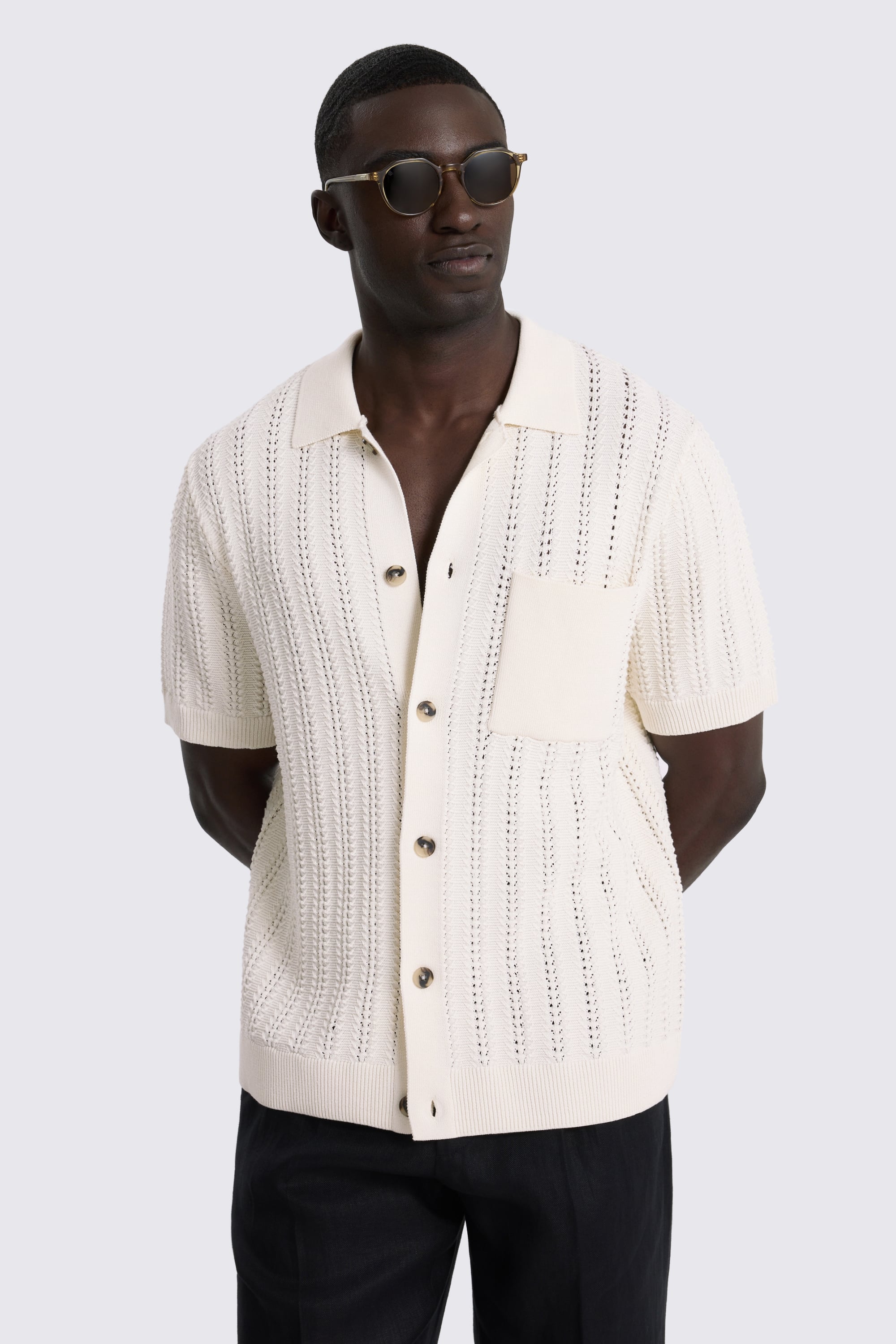 Off White Chevron Pointelle Cotton-blend Knitted Shirt