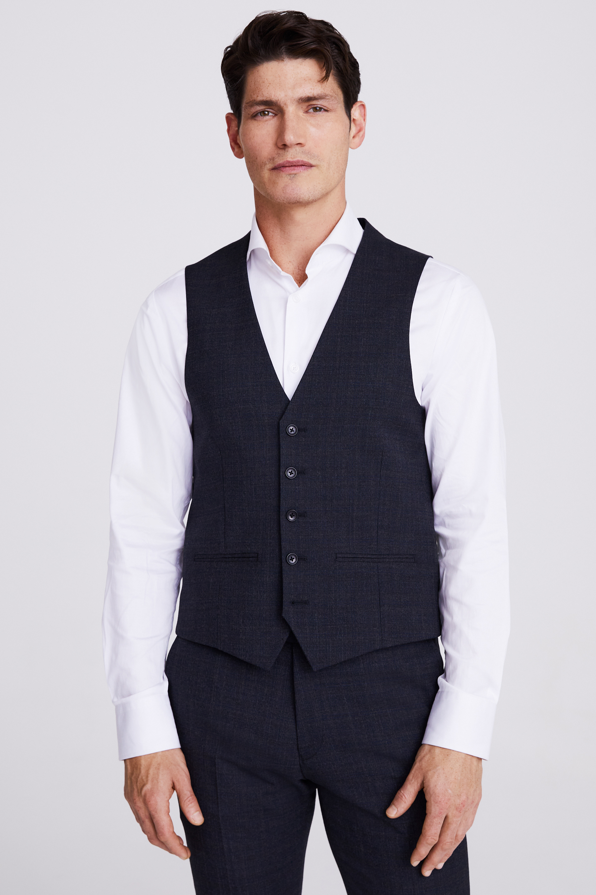 Tailored Fit Charcoal with Navy Check Waistcoat | Buy Online at Moss